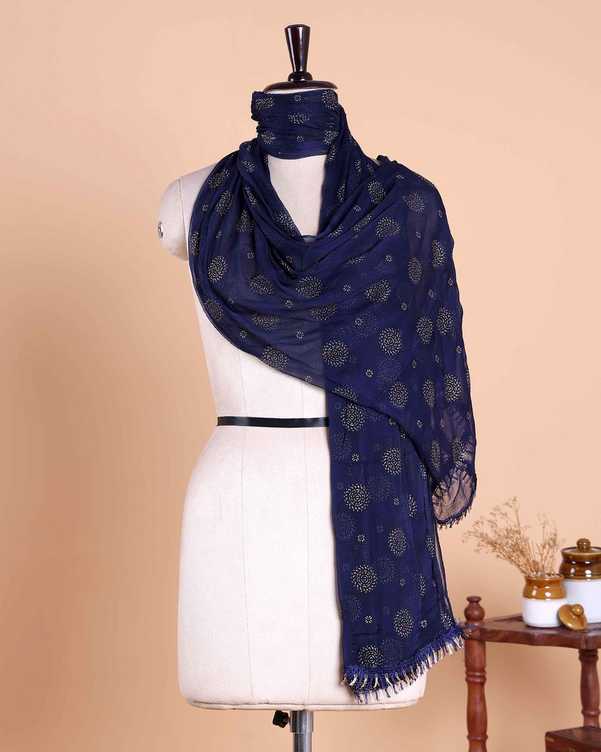 Elegant Women’s Dupatta with All Over Circular Sequin Butta Motifs with Delicate Embroidery & Tassel Border, Dark Blue