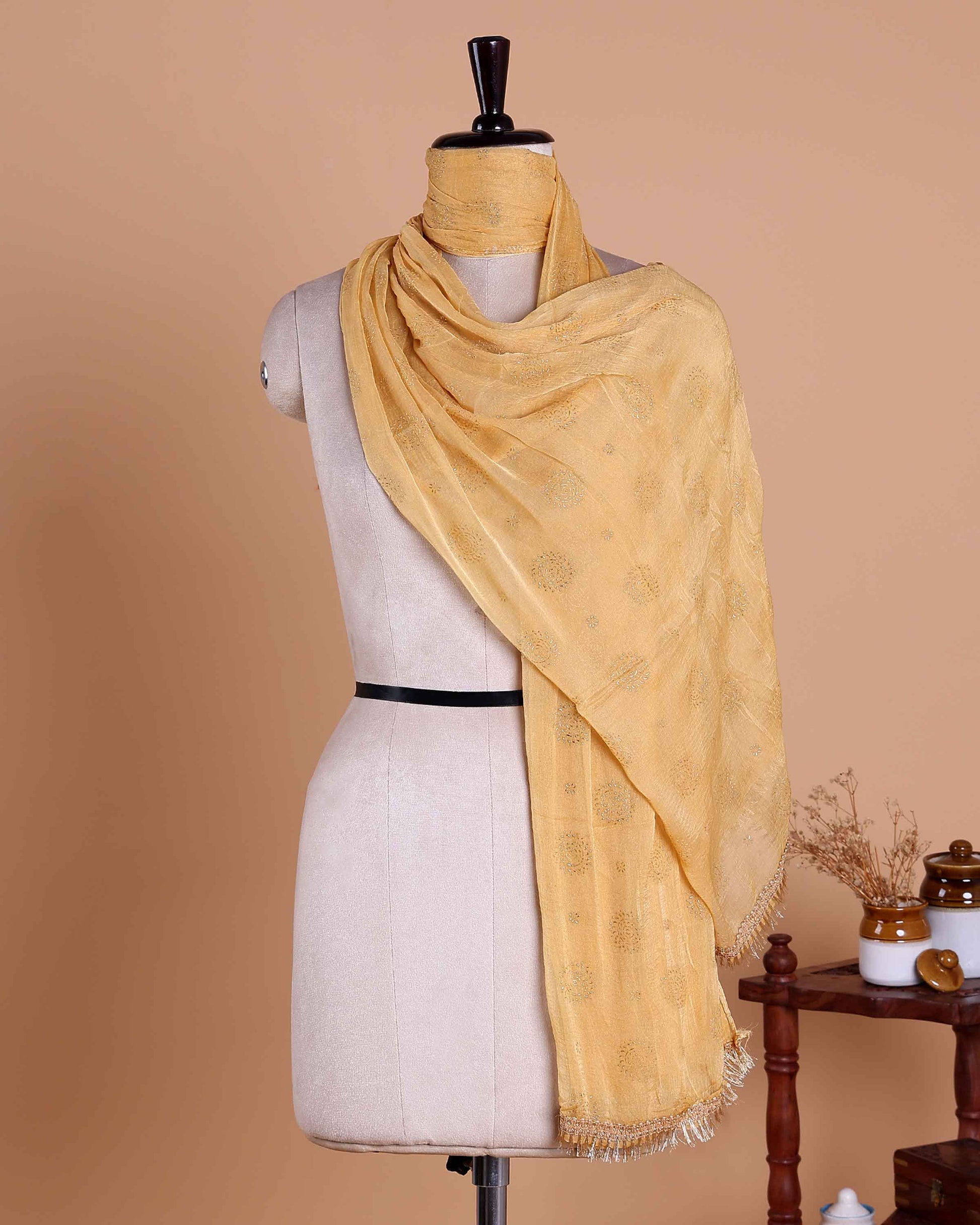 Women’s Embroidered Dupatta with All Over Circular Sequin Butta Motif Design - Sandal