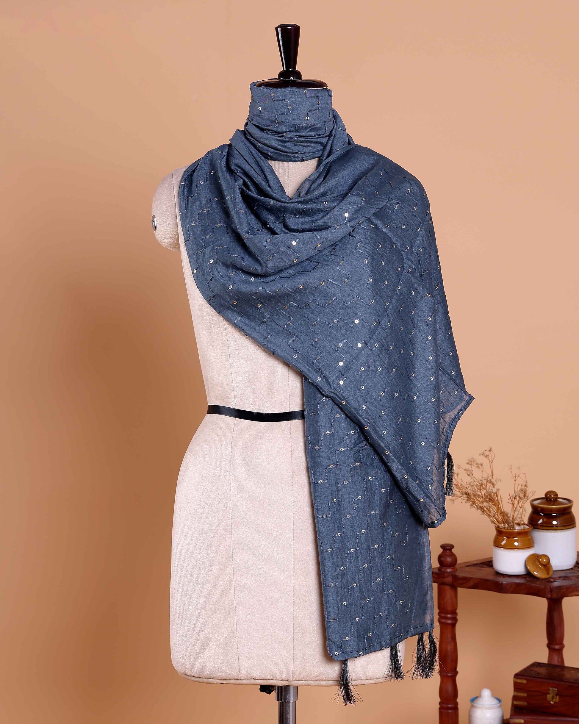 Women’s Embroidered Dupatta with Delicate All-Over Sequin Butta Work - Dark Grey