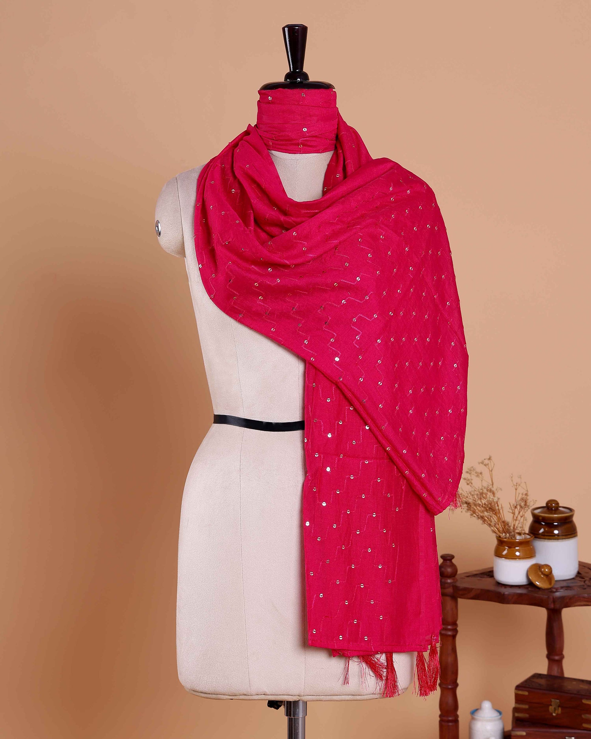 Women’s Embroidered Dupatta with Delicate All-Over Sequin Butta Work - Dark Pink