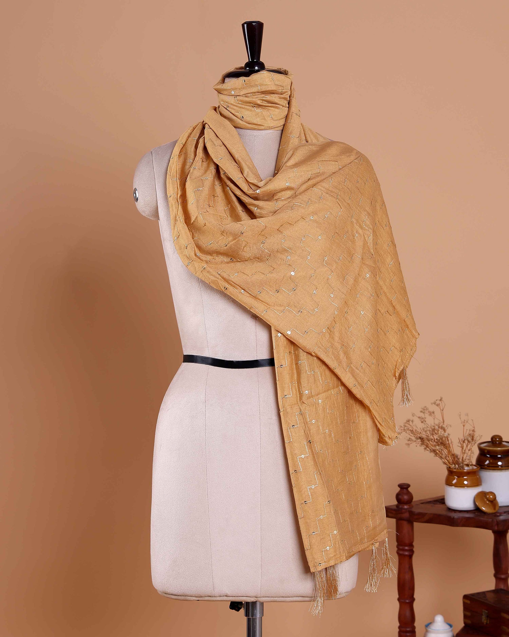 Elegant Women’s Designer Dupatta with Delicate Sequin Butta Embroidery, Dark Beige