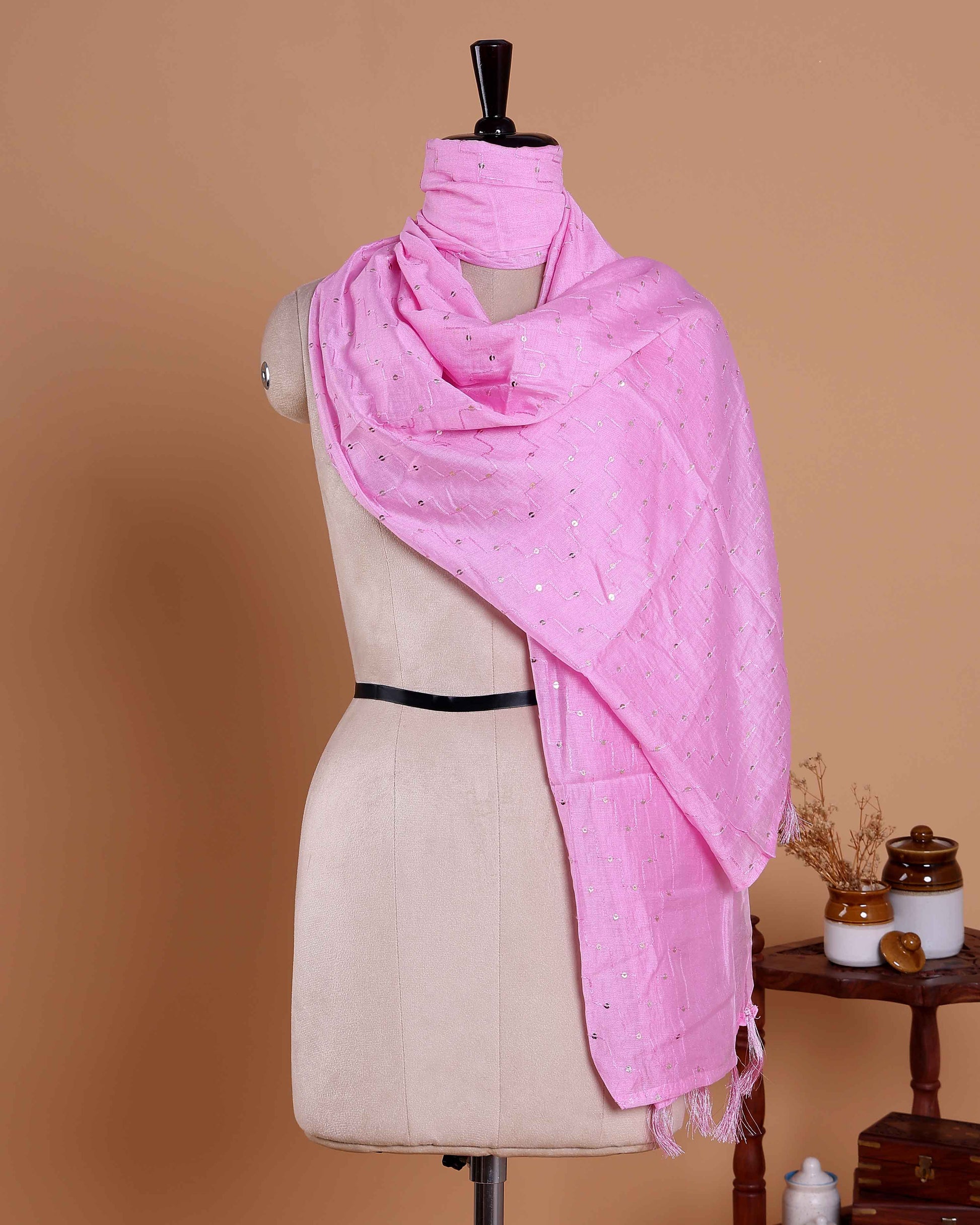 Elegant Women’s Designer Dupatta with Delicate Sequin Butta Embroidery, Light Pink