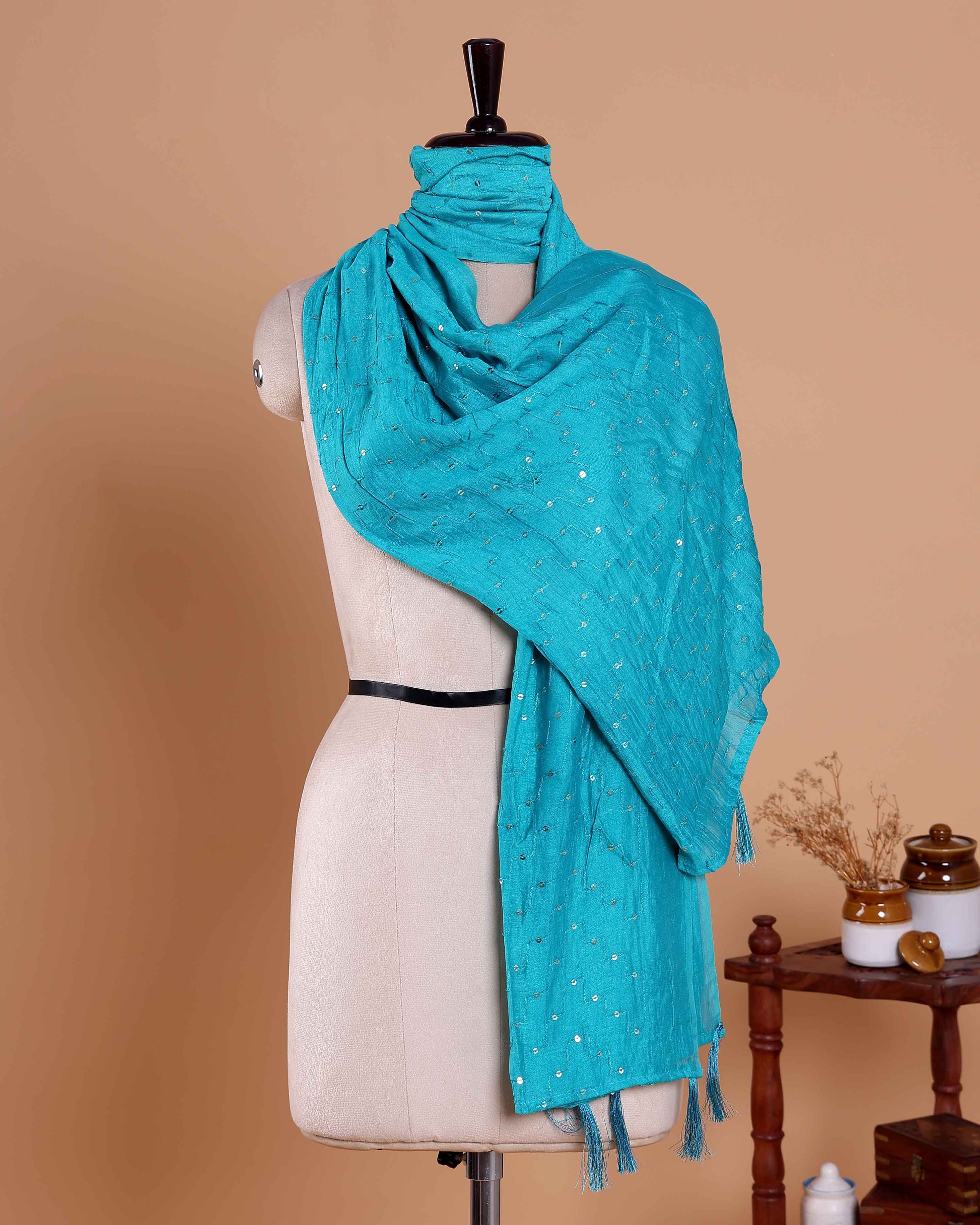 Elegant Women’s Designer Dupatta with Delicate Sequin Butta Embroidery, Blue