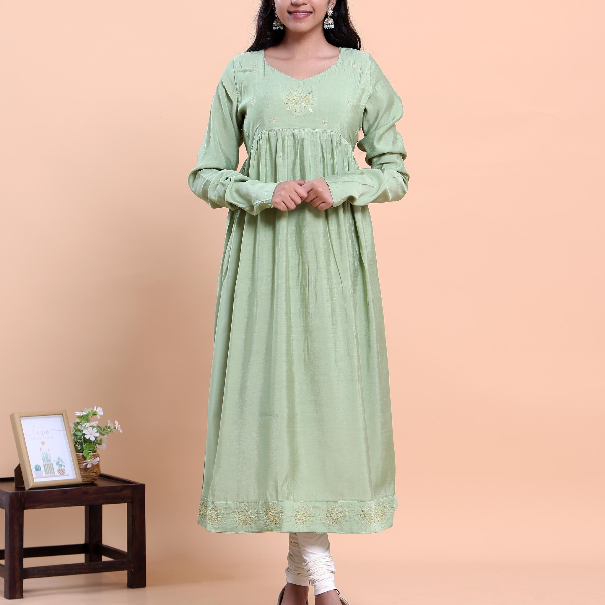 Women's Embroidered Empire Waist Long Kurta with Gathered Flared Hem and Full Sleeves - Green