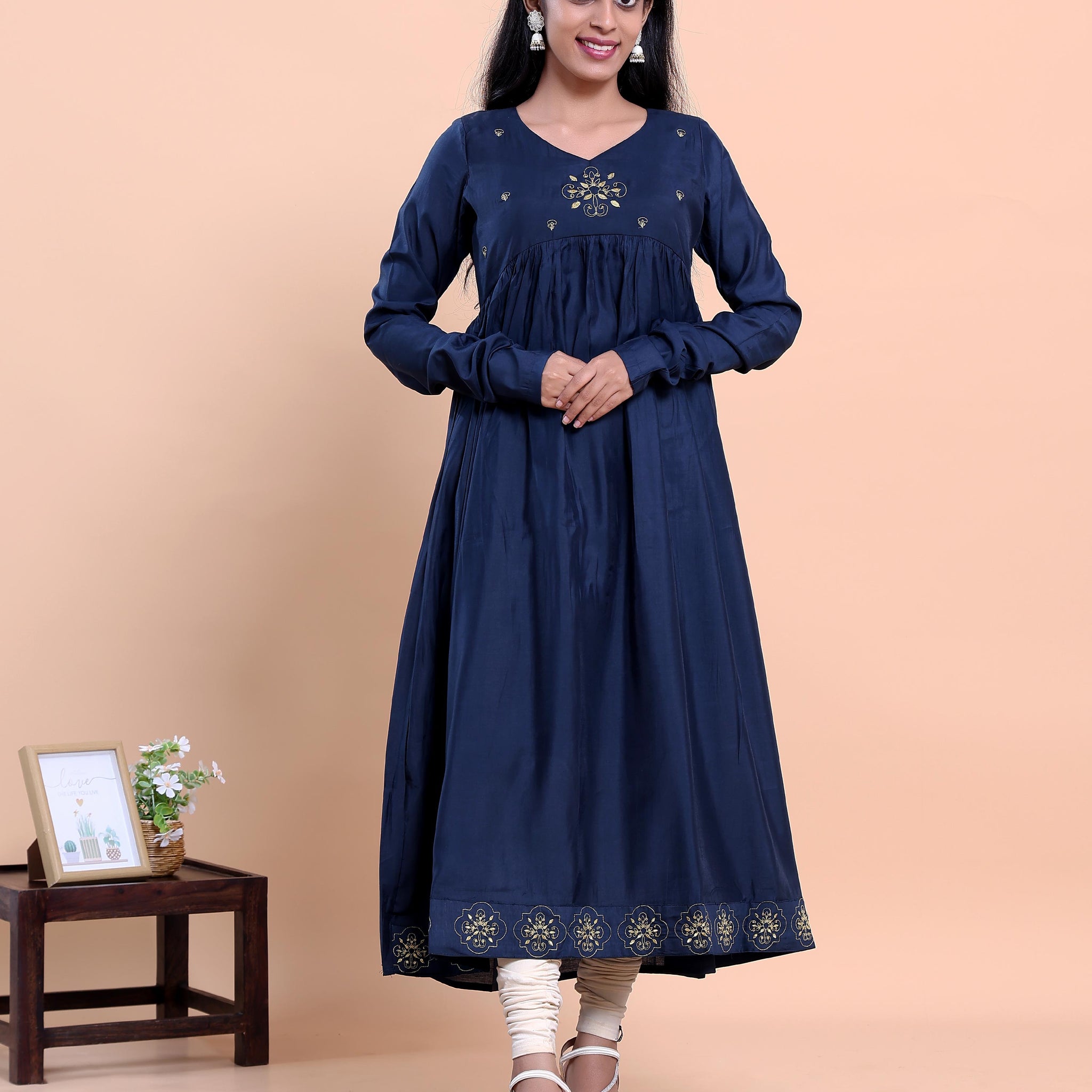 Women's Embroidered Empire Waist Long Kurta with Gathered Flared Hem and Full Sleeves - Navy Blue
