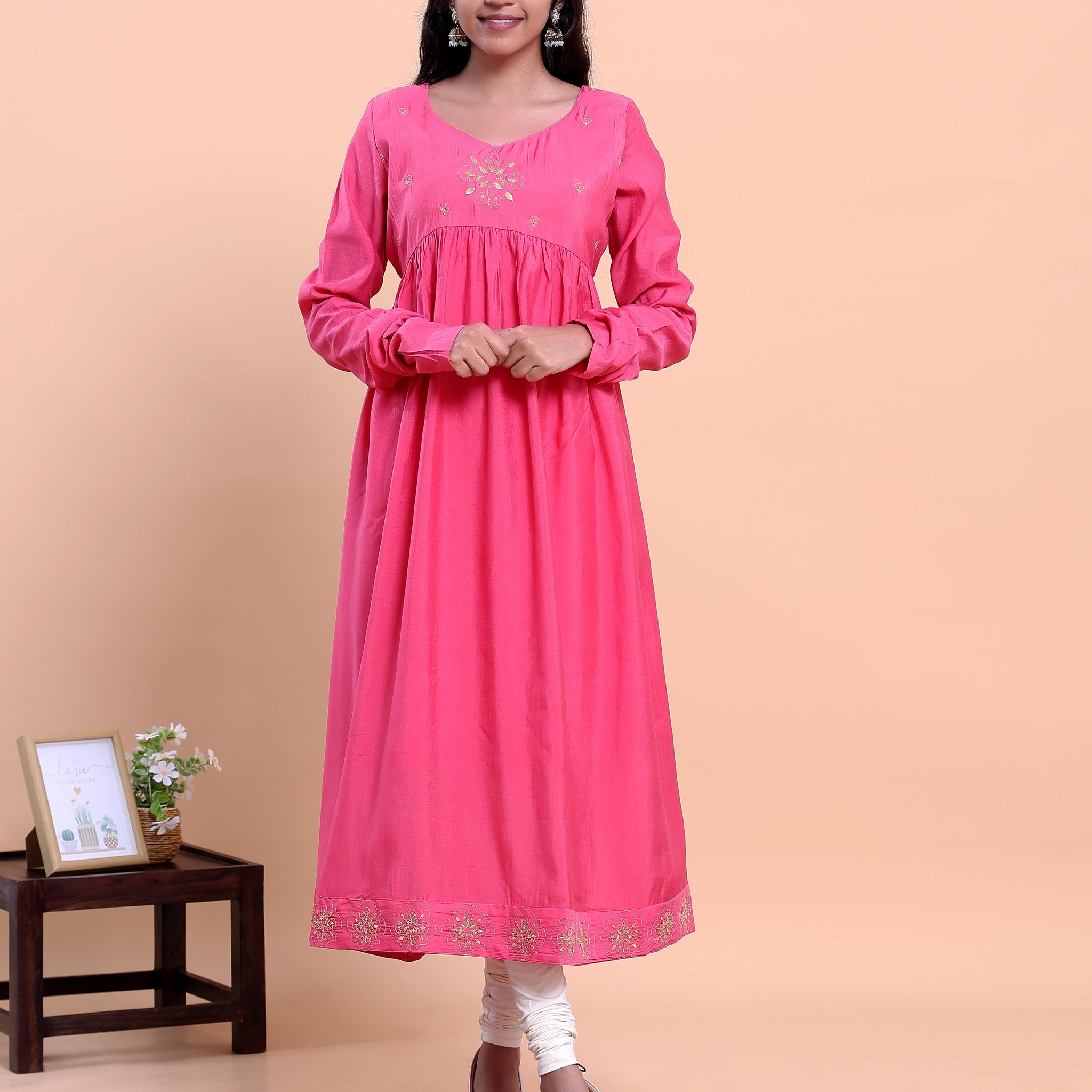 Women's Embroidered Empire Waist Long Kurta with Gathered Flared Hem and Full Sleeves - Pink