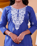 Women’s Embroidered Kurta Set with Elegant Stitch Detailing  - Blue-Close