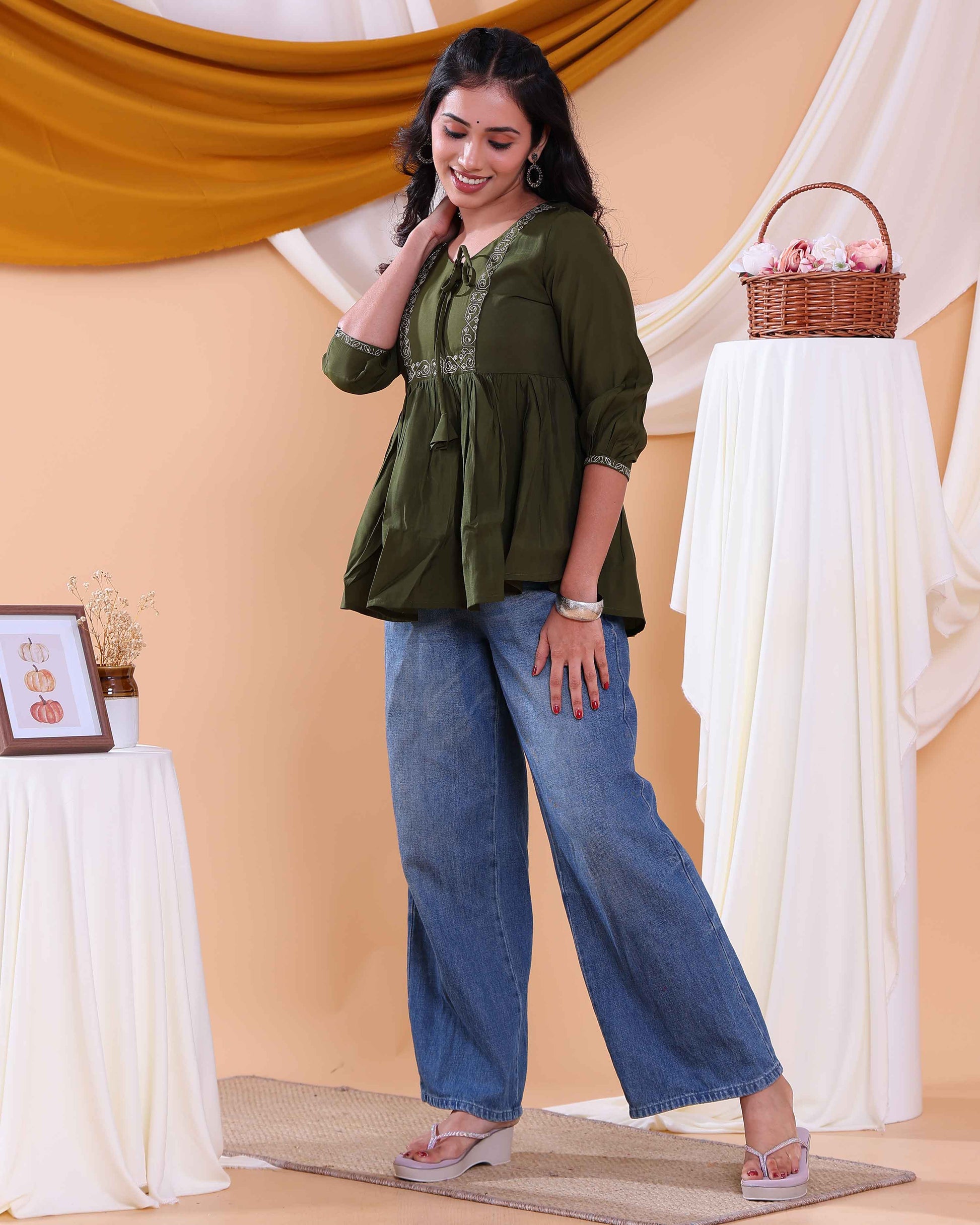 Women's Embroidered Round Neck Short Kurta Tunic with Gathered Waist - Green-Side