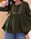 Women's Embroidered Round Neck Short Kurta Tunic with Gathered Waist - Green-Close