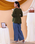 Women's Embroidered Round Neck Short Kurta Tunic with Gathered Waist - Green-Side