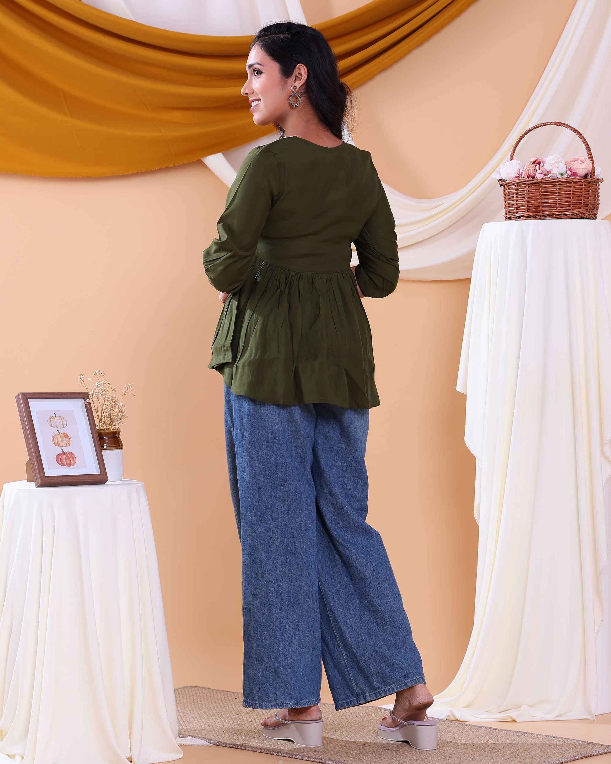 Women's Embroidered Round Neck Short Kurta Tunic with Gathered Waist - Green-Side