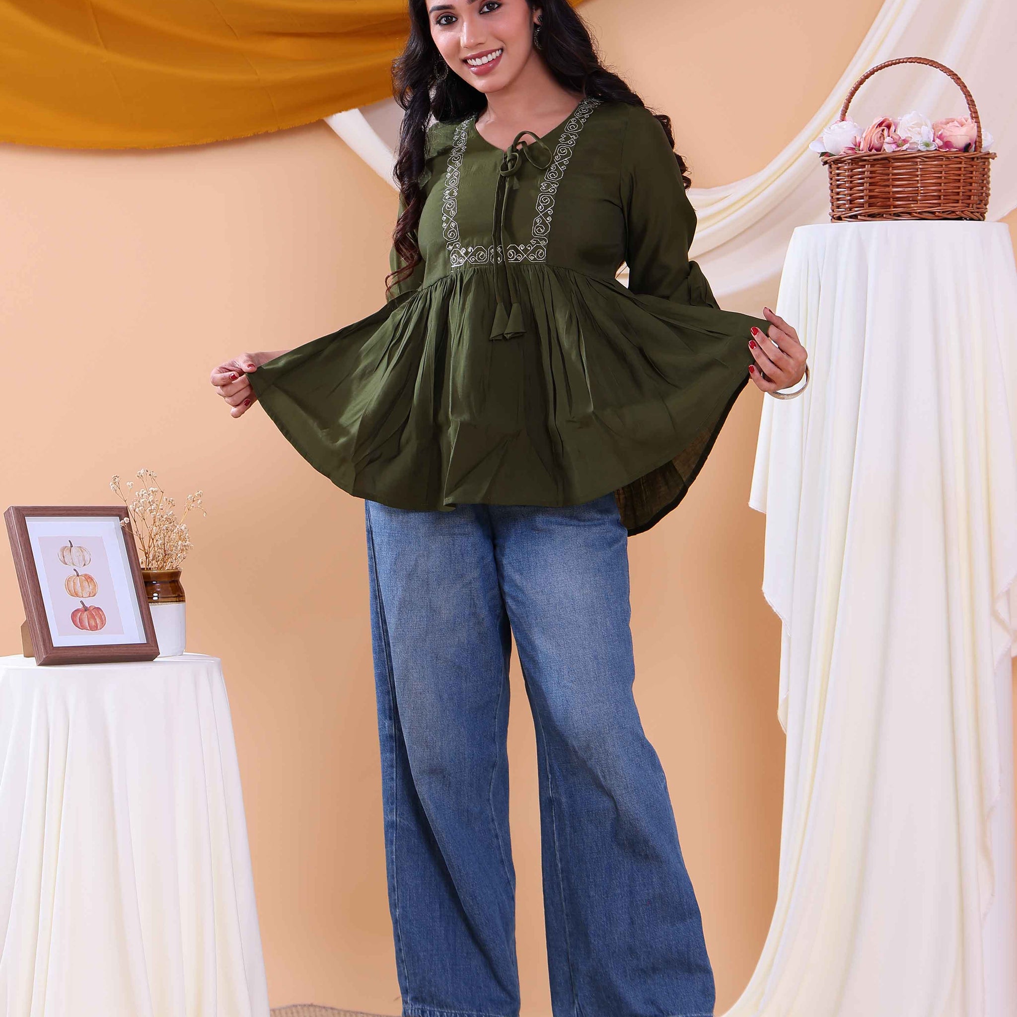 Women's Embroidered Round Neck Short Kurta Tunic with Gathered Waist - Green