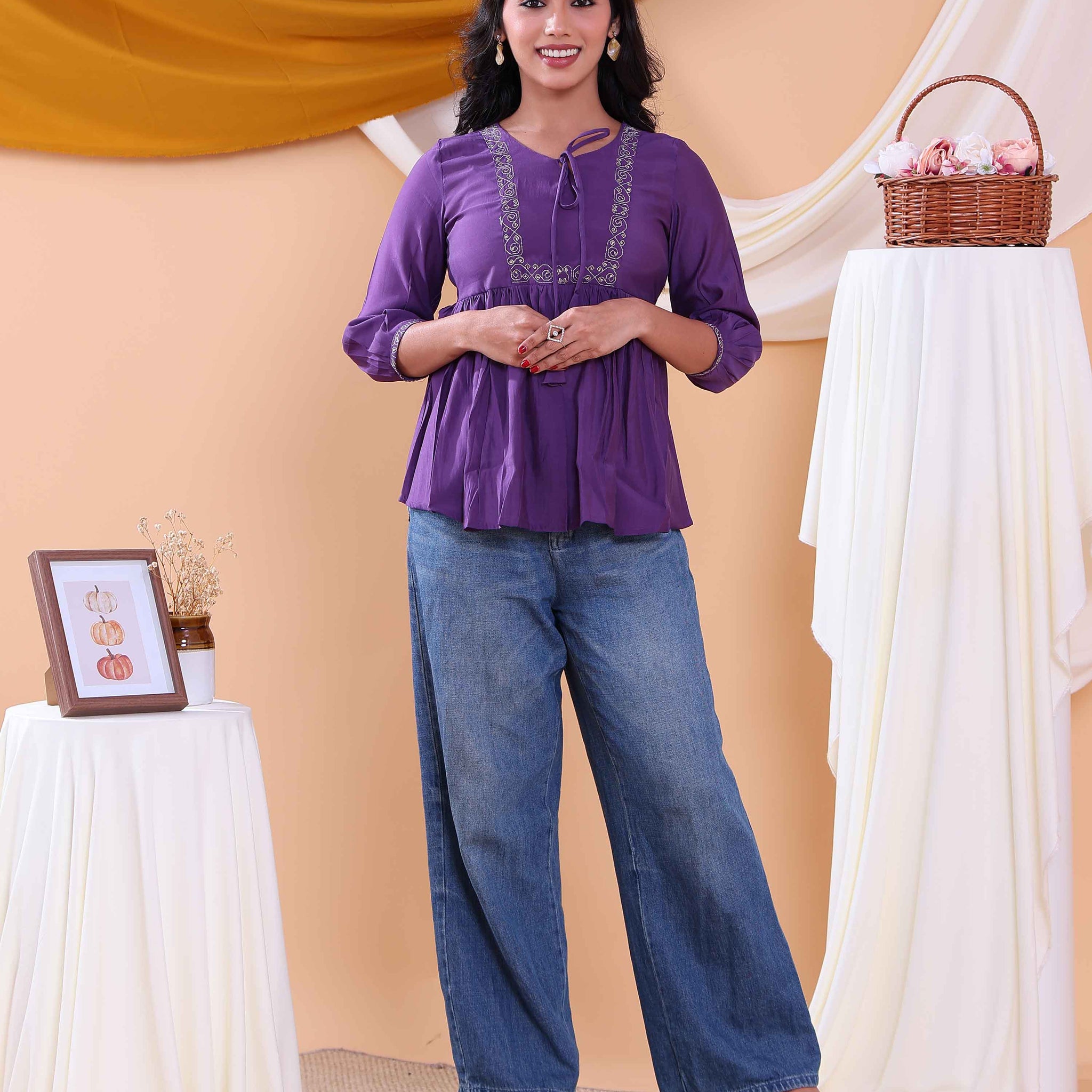 Women's Embroidered Round Neck Short Kurta Tunic with Gathered Waist - Purple