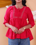 Women's Embroidered Round Neck Short Kurta Tunic with Gathered Waist - Red-Close
