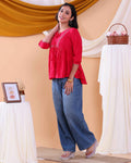 Women's Embroidered Round Neck Short Kurta Tunic with Gathered Waist - Red-Close