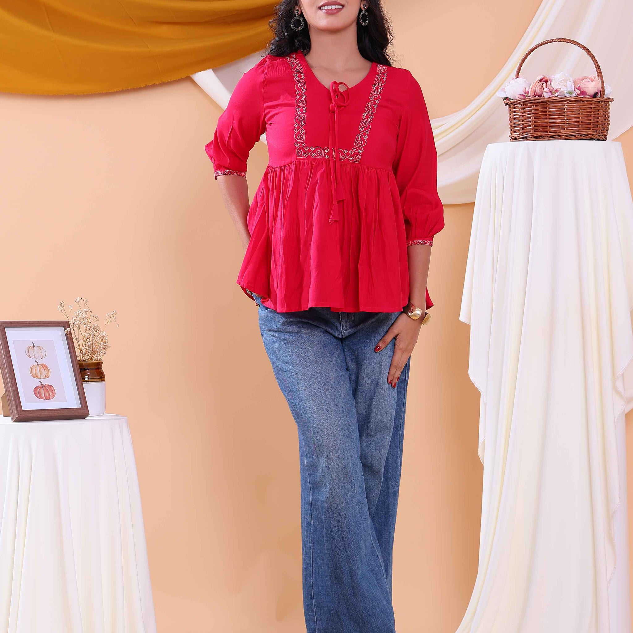 Women's Embroidered Round Neck Short Kurta Tunic with Gathered Waist - Red