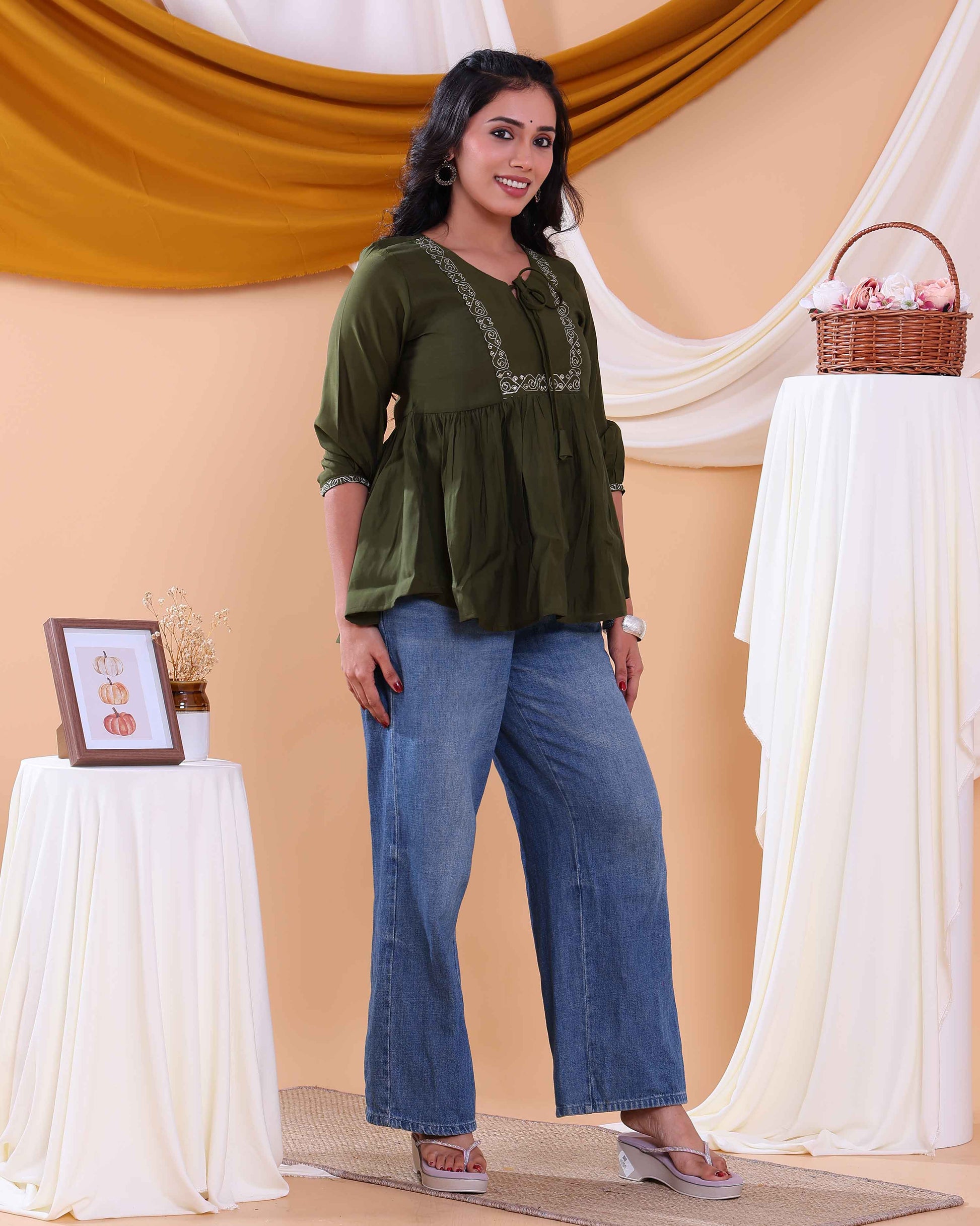 Women's Embroidered Round Neck Short Kurta Tunic with Gathered Waist - Green-Side