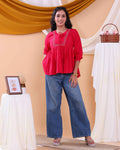 Women's Embroidered Round Neck Short Kurta Tunic with Gathered Waist - Red-Close