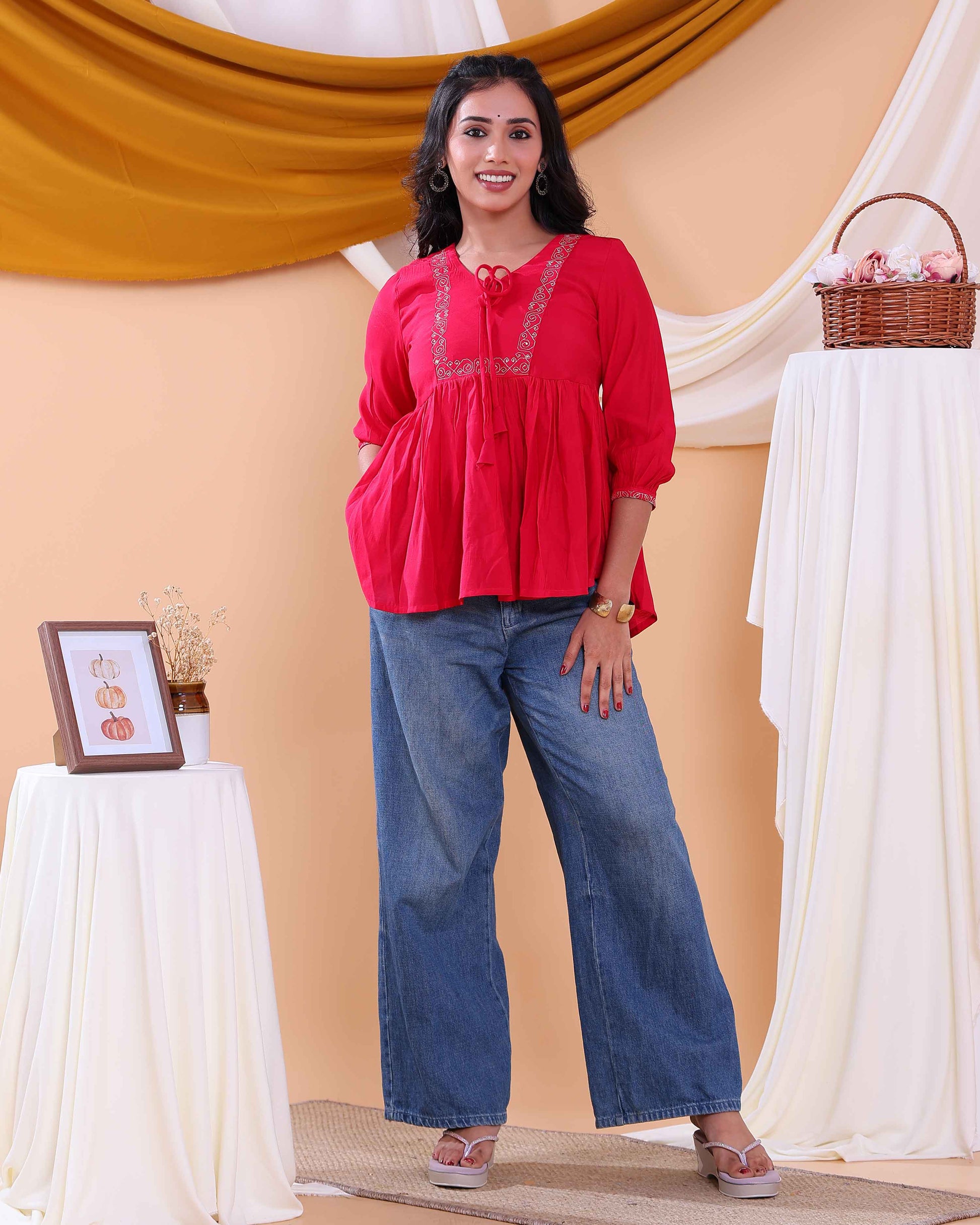 Women's Embroidered Round Neck Short Kurta Tunic with Gathered Waist - Red-Close