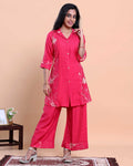 Women’s Embroidered Shirt-Collar Kurta with Wide-Leg Pants - Dark Pink