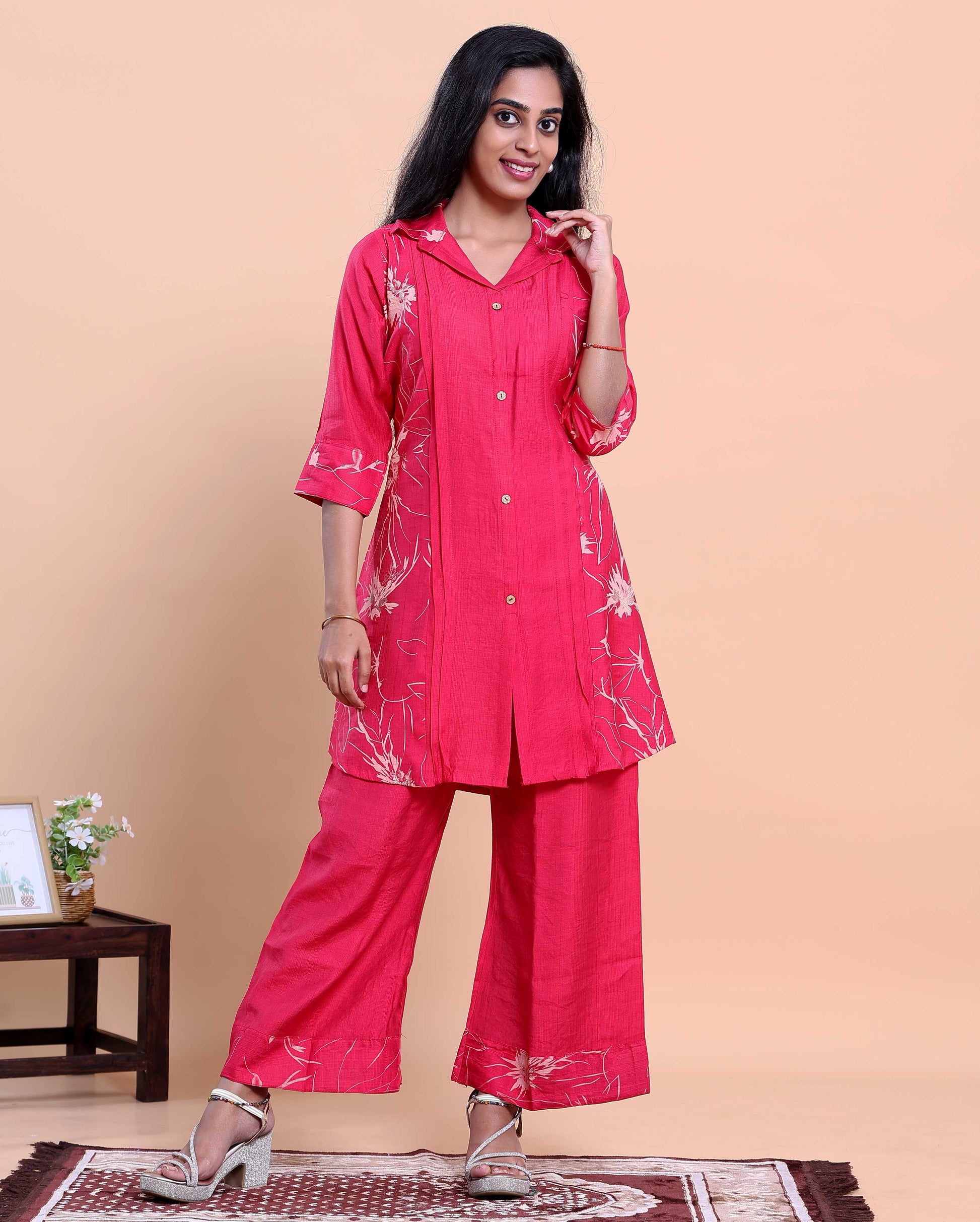 Women’s Embroidered Shirt-Collar Kurta with Wide-Leg Pants - Dark Pink