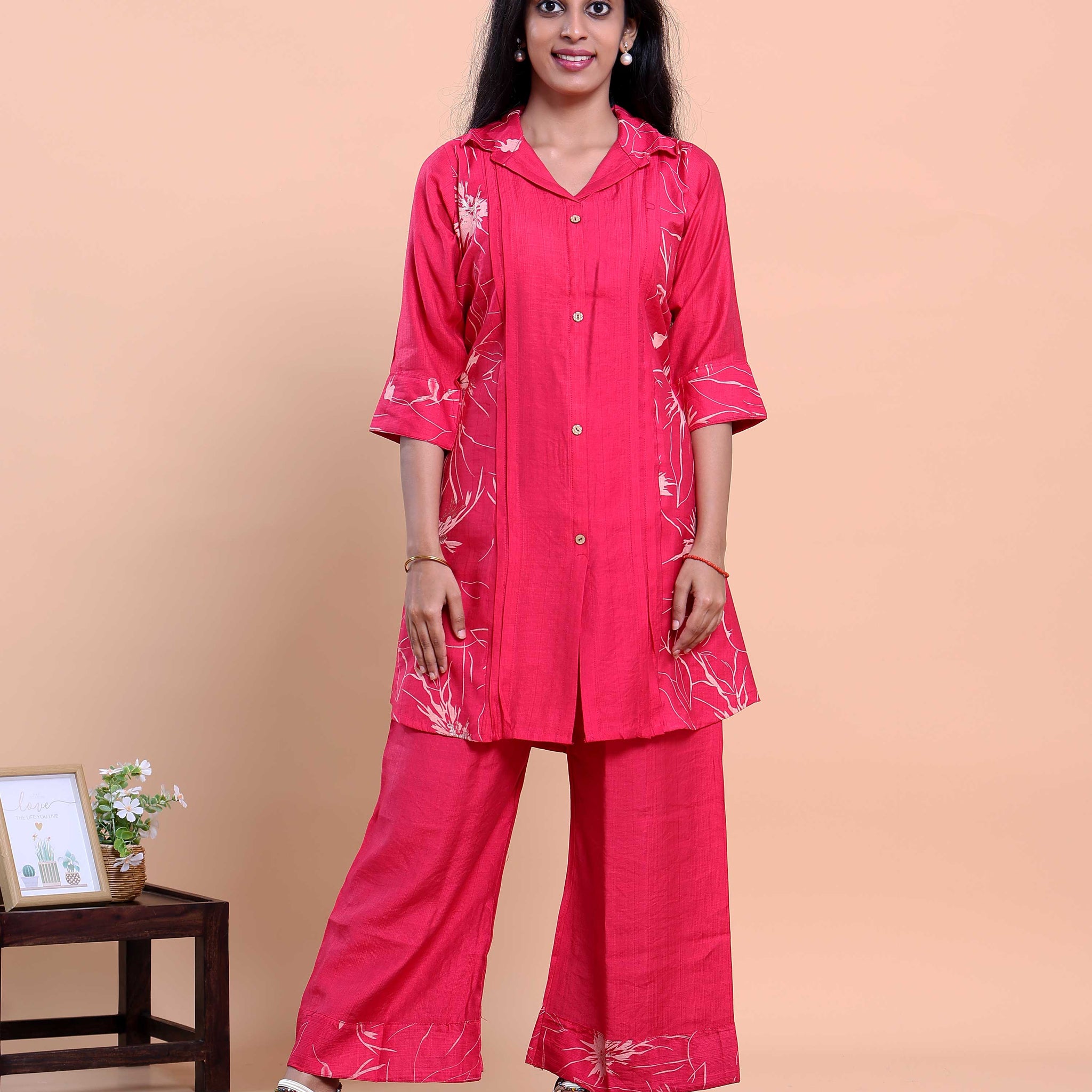 Women’s Embroidered Shirt-Collar Kurta with Wide-Leg Pants - Dark Pink
