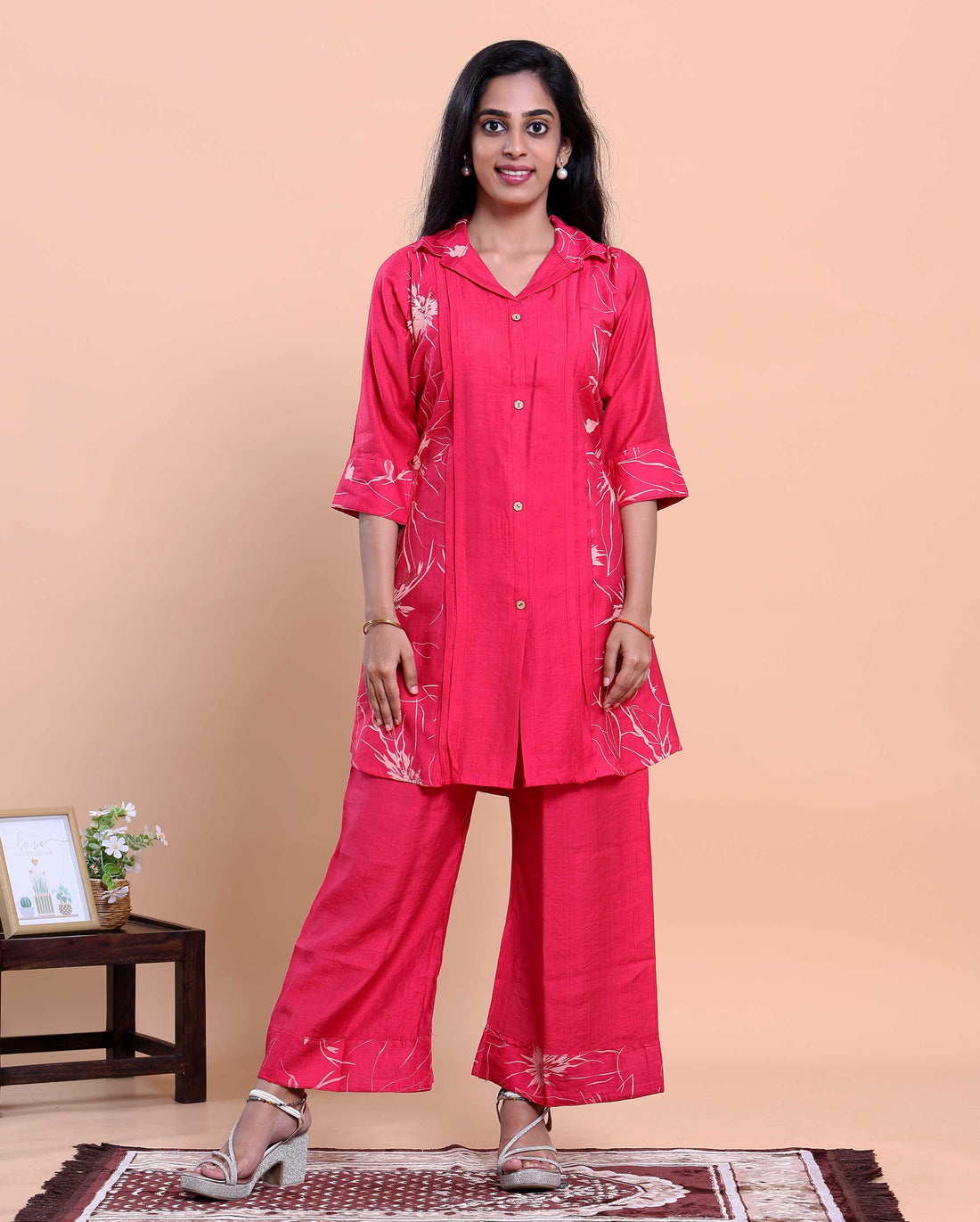 Women’s Embroidered Shirt-Collar Kurta with Wide-Leg Pants - Dark Pink