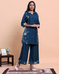 Elegant Women's Embroidered Shirt-Collar Kurta with Wide-Leg Pants - Navy Blue