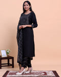 Women's Embroidered Straight Kurta with Matching Pant and Dupatta - Black