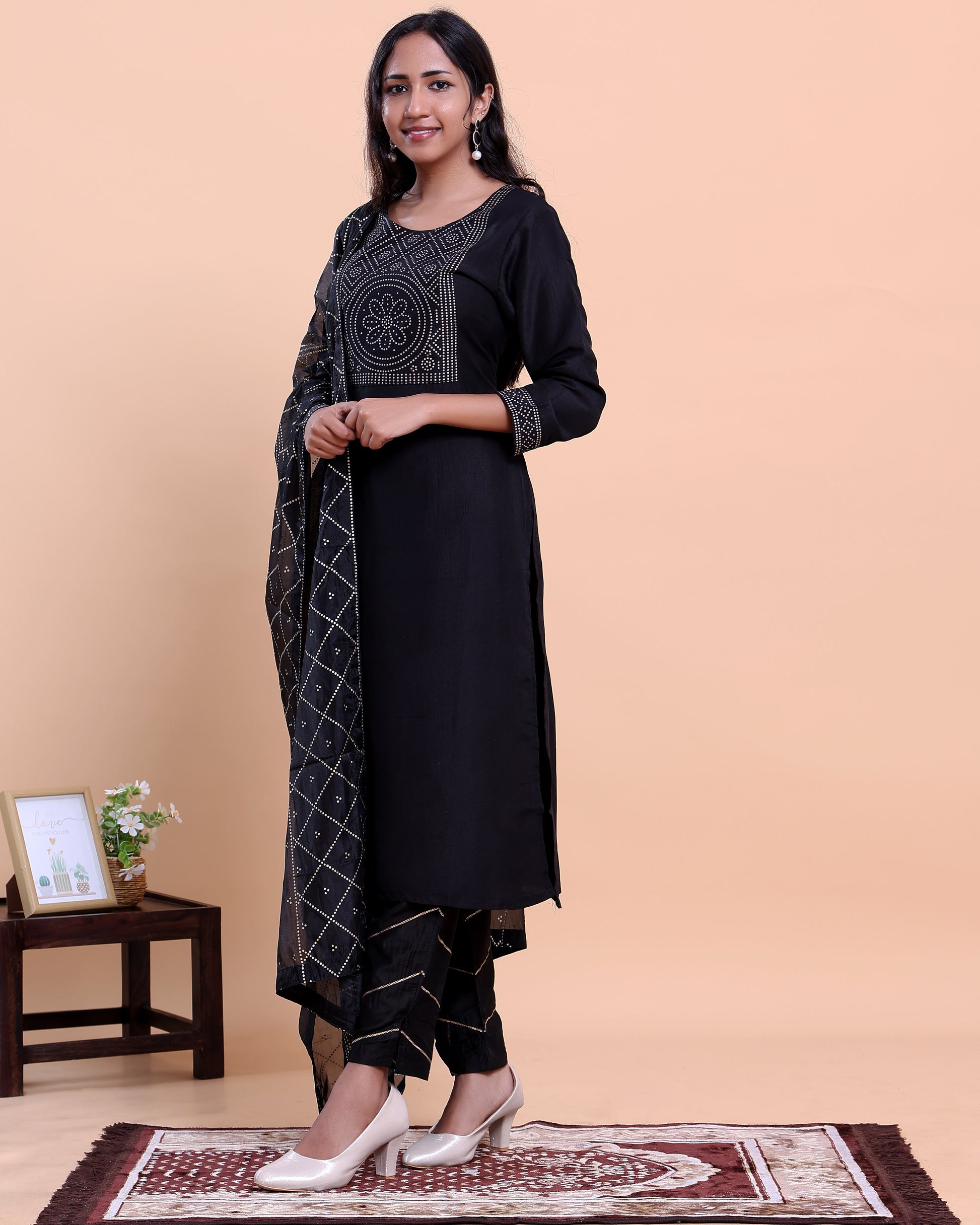 Women's Embroidered Straight Kurta with Matching Pant and Dupatta - Black