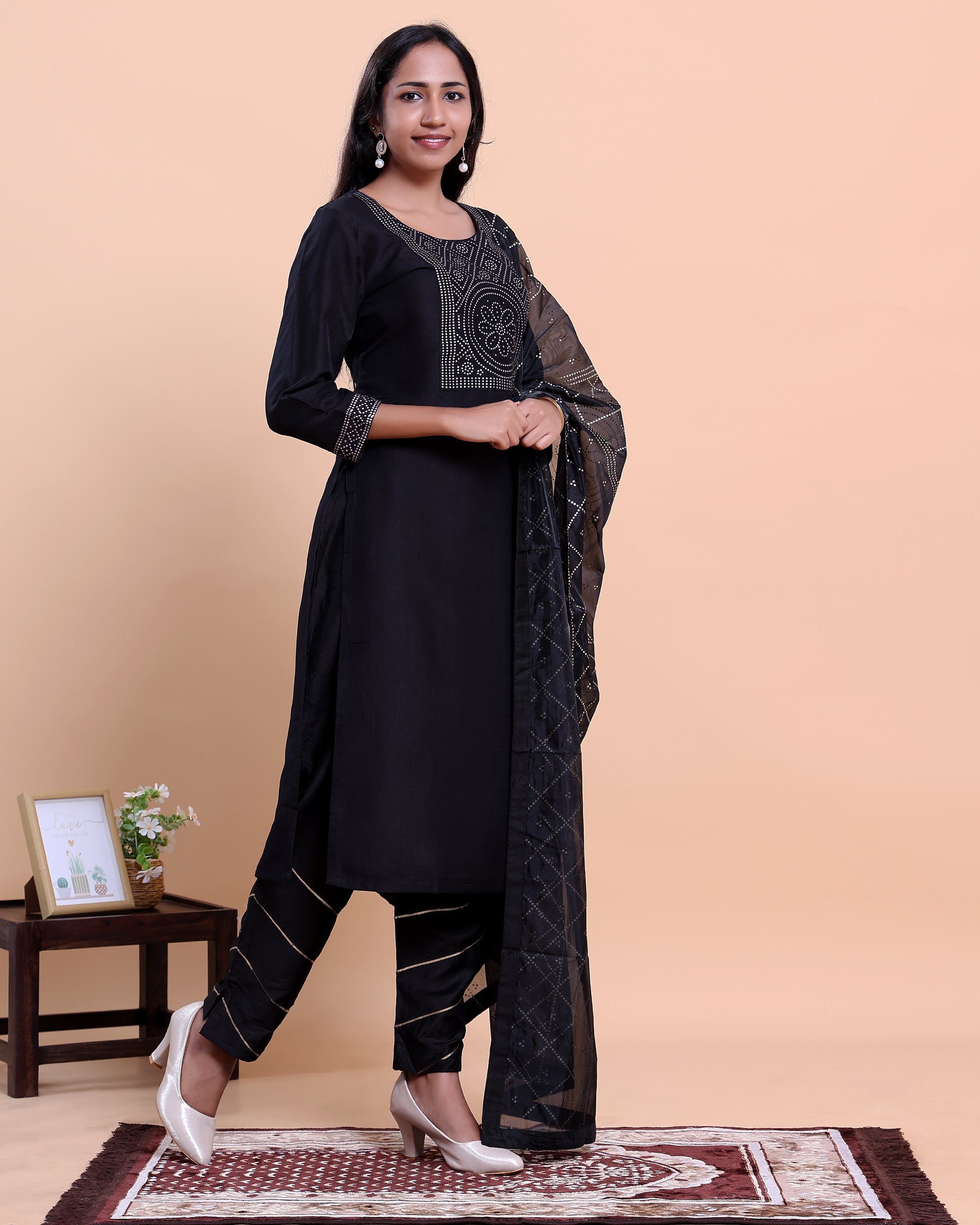 Women's Embroidered Straight Kurta with Matching Pant and Dupatta - Black