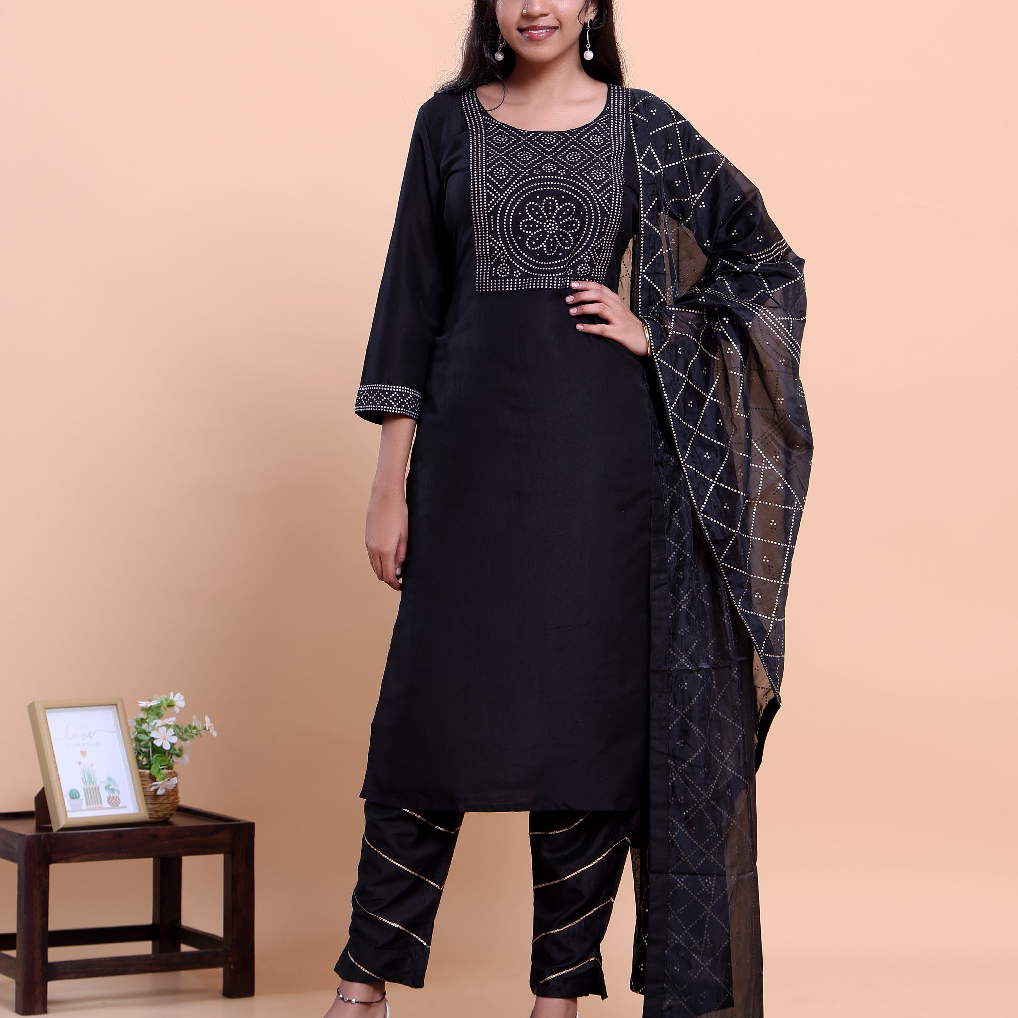 Women's Embroidered Straight Kurta with Matching Pant and Dupatta - Black