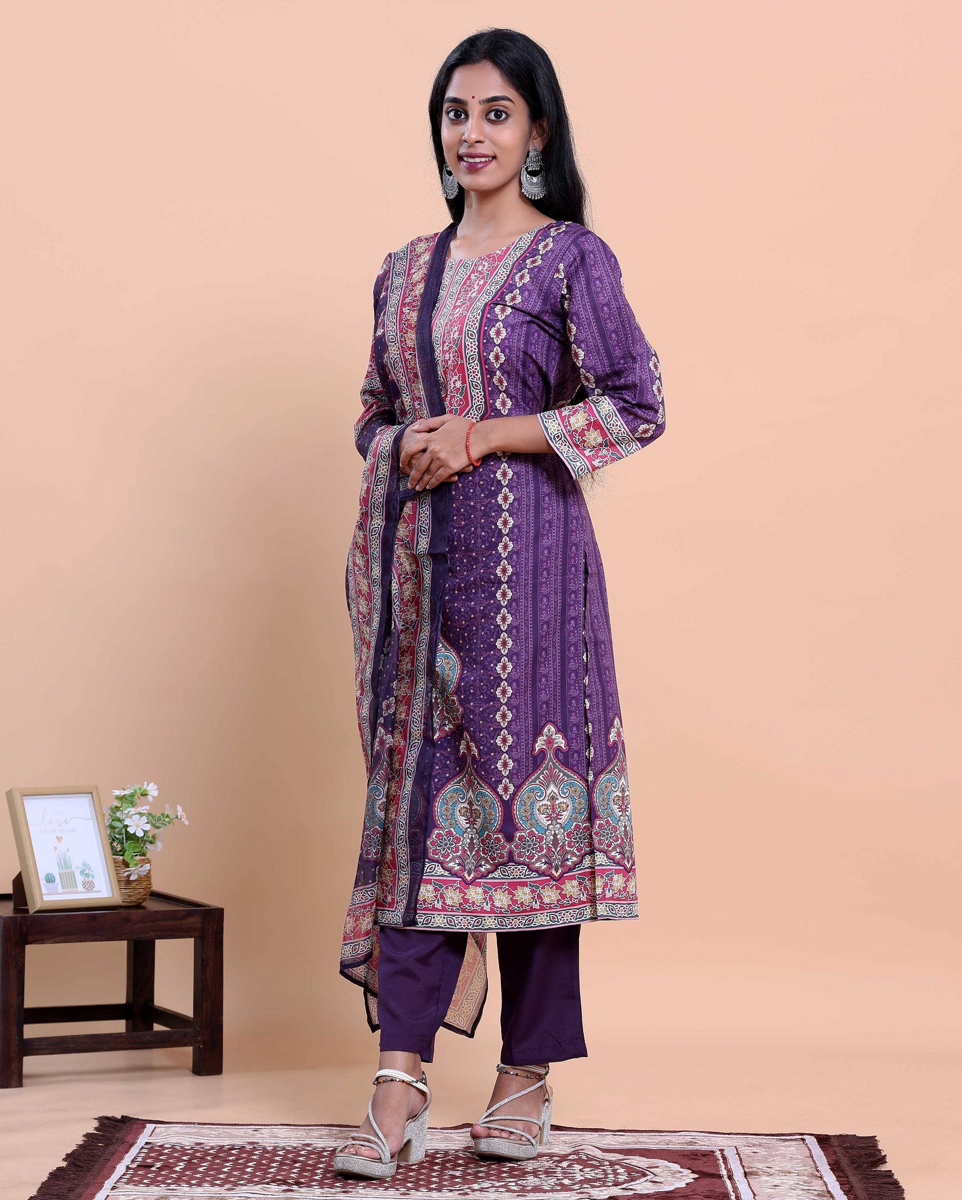 Women's Ethnic Floral Printed Kurta with Pants and Dupatta Set - Purple