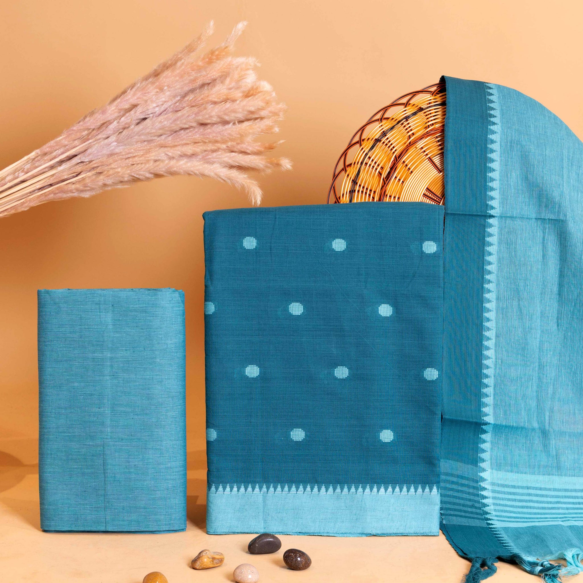 Women's Ethnic Handwoven Cotton Salwar Material with Dotted Butti and Geometric Border - Teal