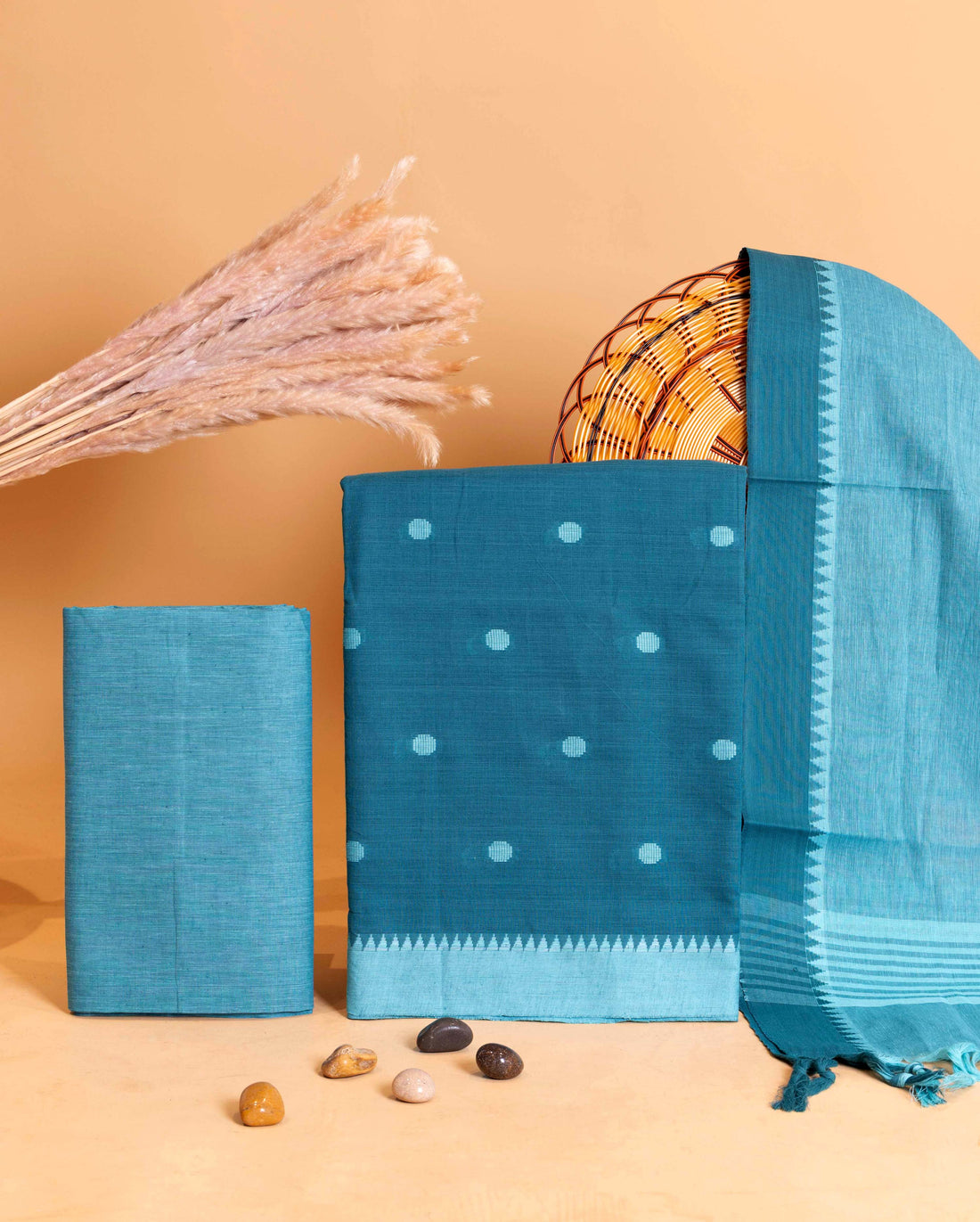 Women's Ethnic Handwoven Cotton Salwar Material with Dotted Butti and Geometric Border - Teal