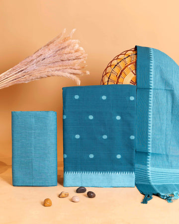 Women's Ethnic Handwoven Cotton Salwar Material with Dotted Butti and Geometric Border - Teal