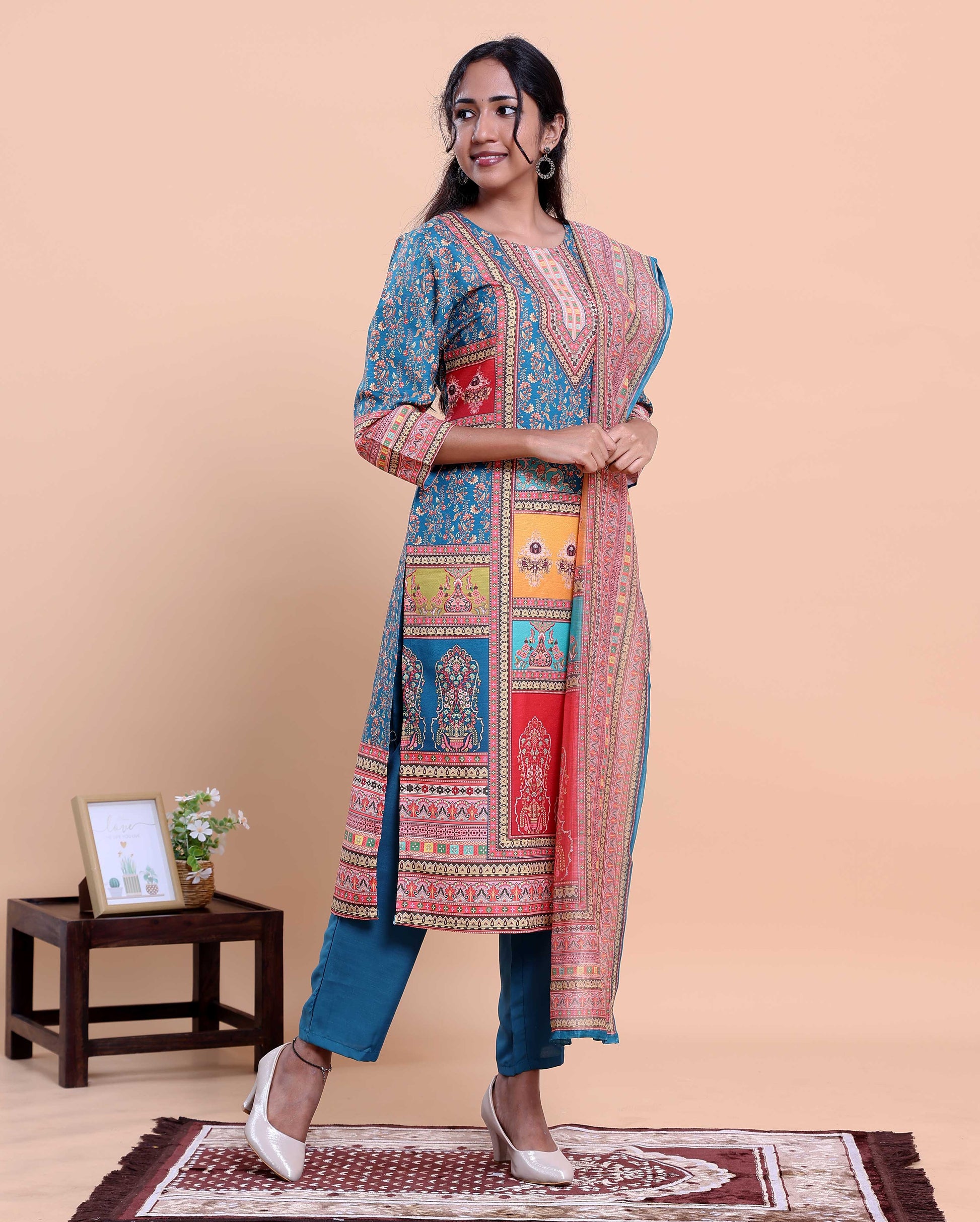 Women's Ethnic Motif Printed Kurta with Pants and Dupatta Set - Blue