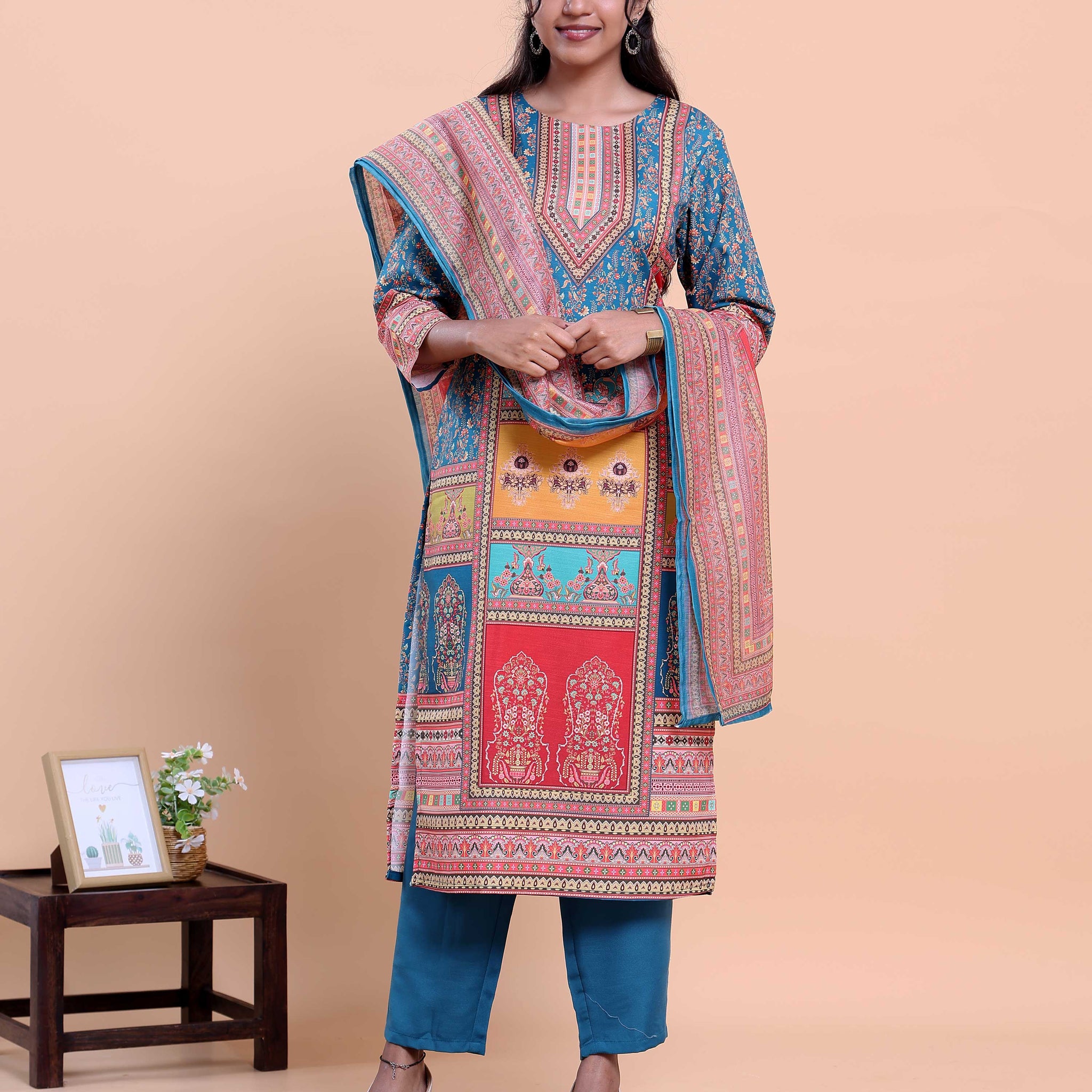 Women's Ethnic Motif Printed Kurta with Pants and Dupatta Set - Blue