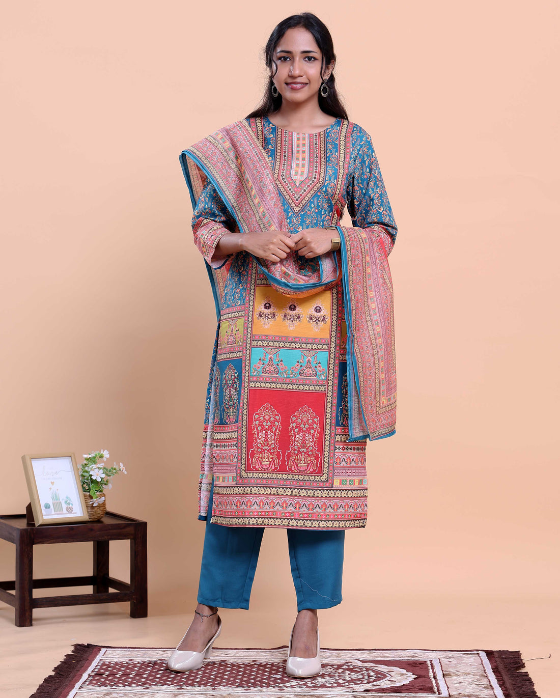 Women's Ethnic Motif Printed Kurta with Pants and Dupatta Set - Blue