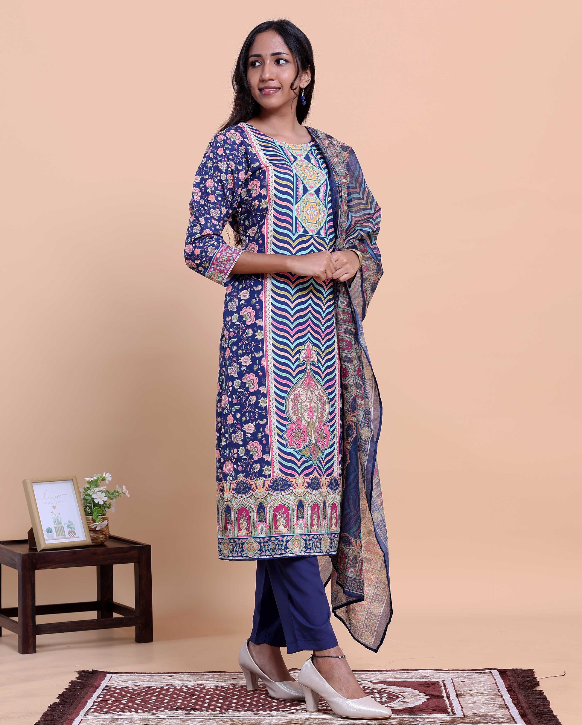 Women's Ethnic Motif Printed Kurta with Solid Pants and Dupatta Set - Navy Blue