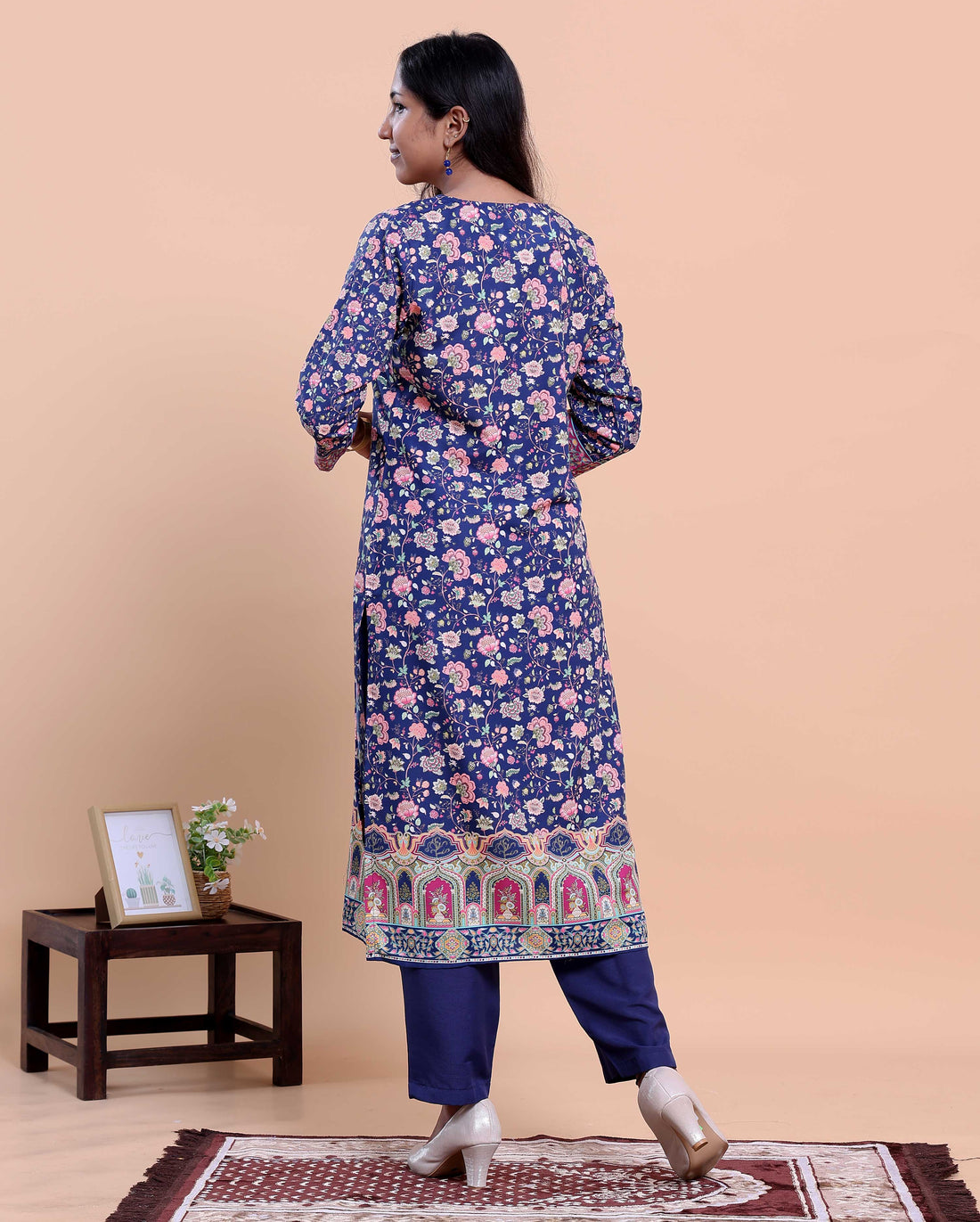 Women's Ethnic Motif Printed Kurta with Solid Pants and Dupatta Set - Navy Blue
