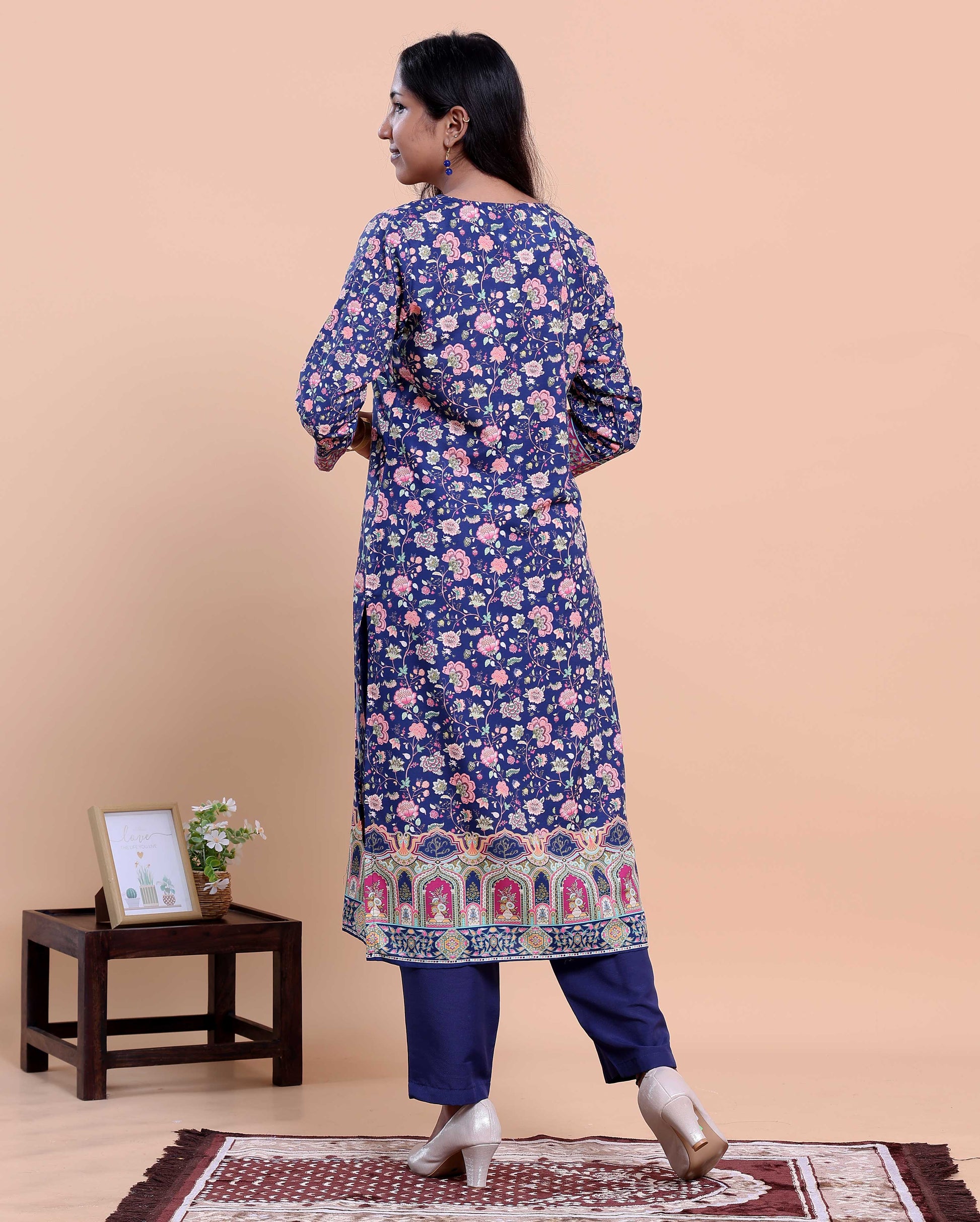 Women's Ethnic Motif Printed Kurta with Solid Pants and Dupatta Set - Navy Blue