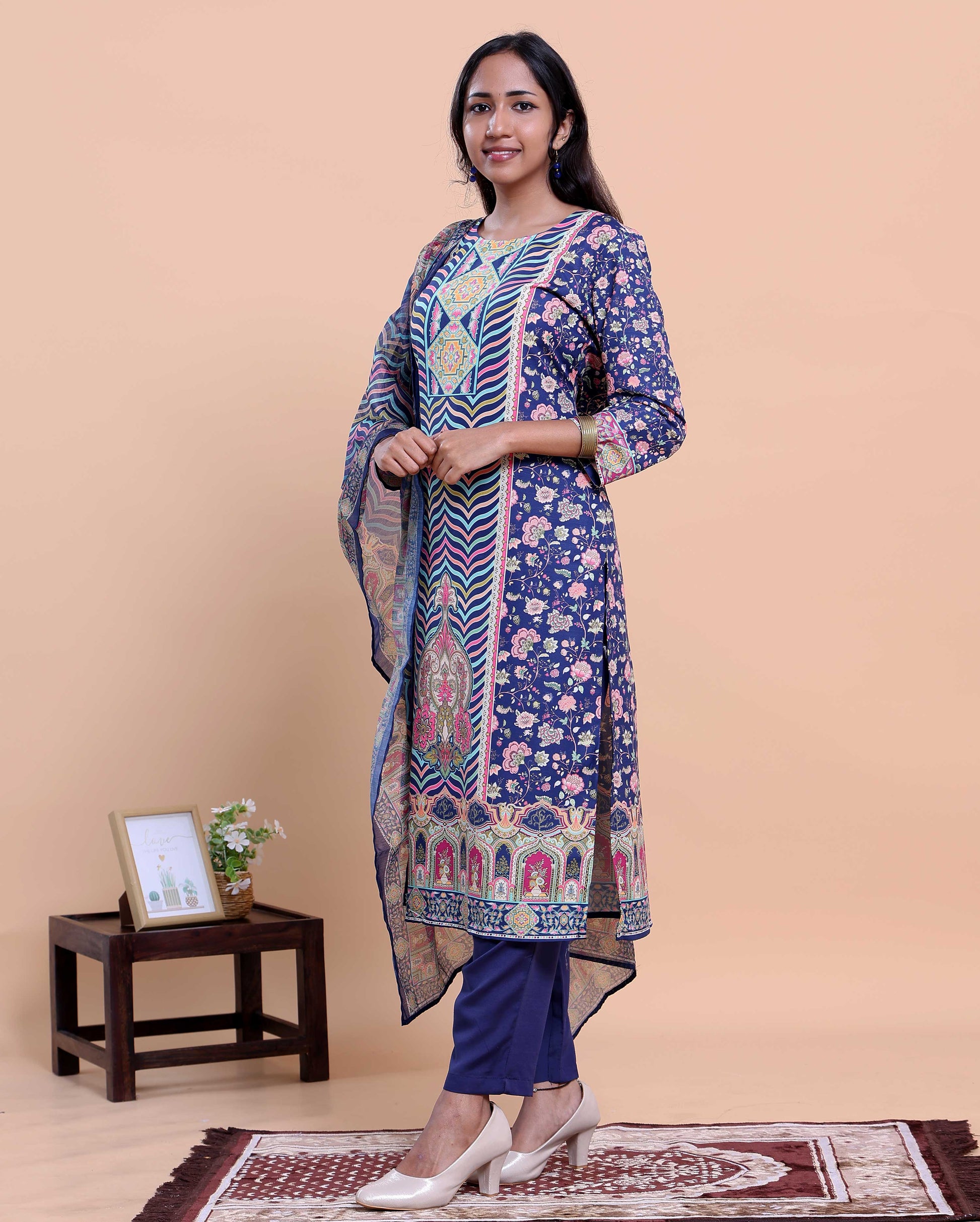 Women's Ethnic Motif Printed Kurta with Solid Pants and Dupatta Set - Navy Blue