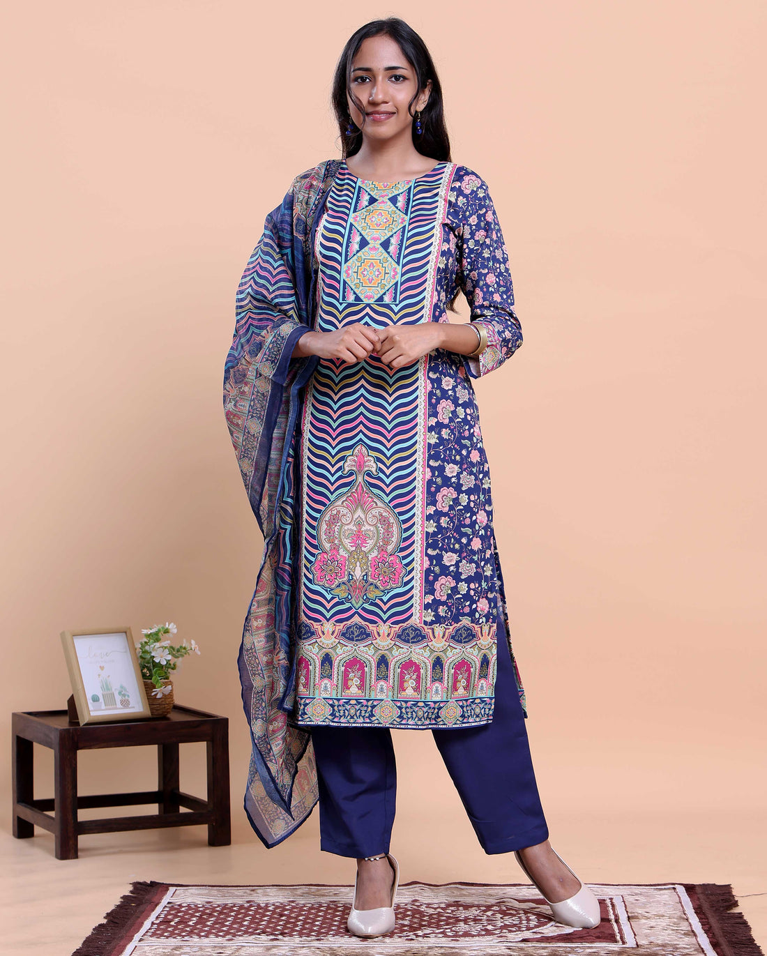 Women's Ethnic Motif Printed Kurta with Solid Pants and Dupatta Set - Navy Blue