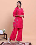 Women's Floral Embroidered Shirt-Collar Kurta with Wide-Leg Pants - Pink