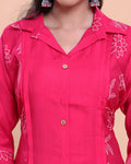 Women's Floral Embroidered Shirt-Collar Kurta with Wide-Leg Pants - Pink