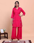 Women's Floral Embroidered Shirt-Collar Kurta with Wide-Leg Pants - Pink