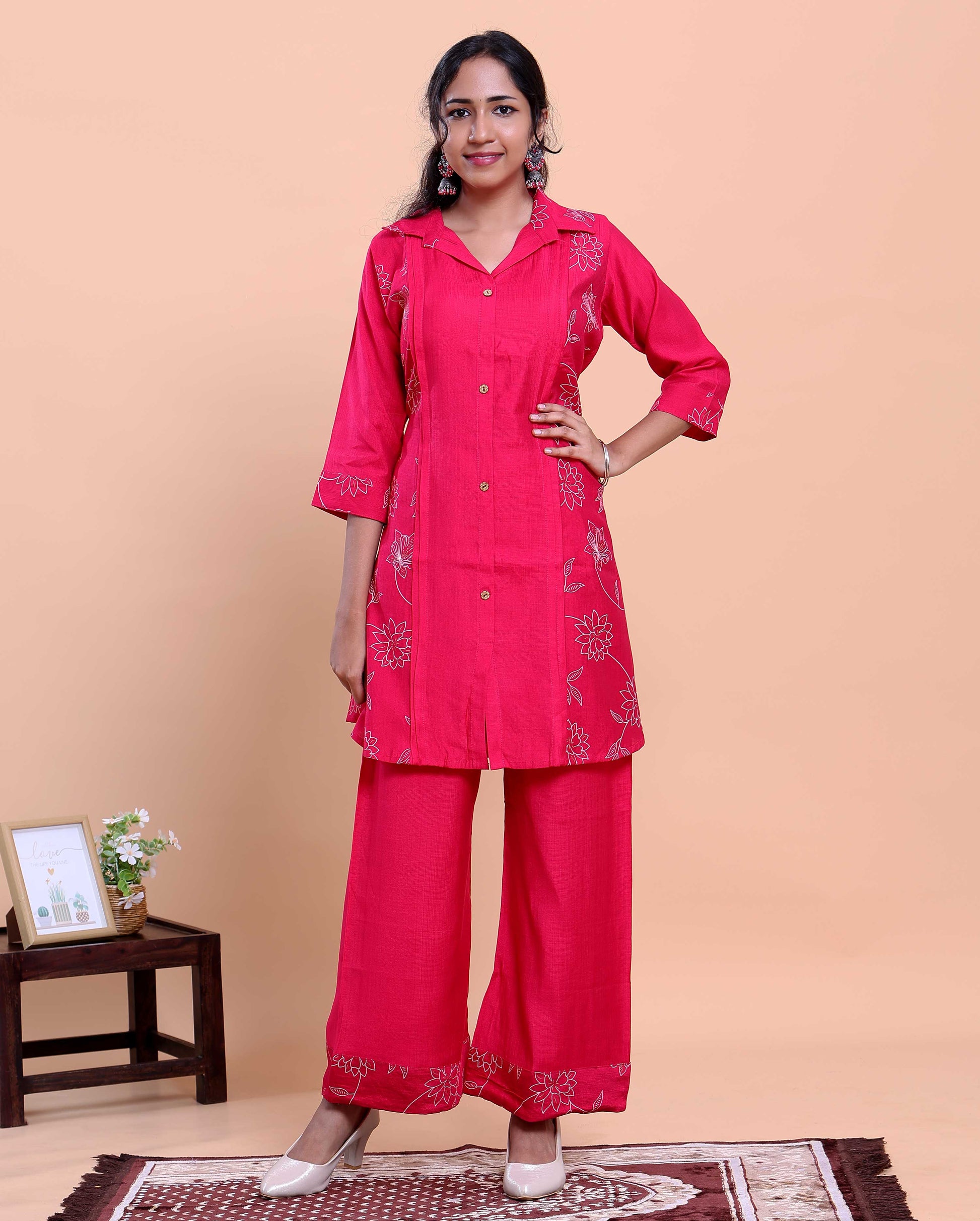 Women's Floral Embroidered Shirt-Collar Kurta with Wide-Leg Pants - Pink