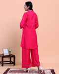 Women's Floral Embroidered Shirt-Collar Kurta with Wide-Leg Pants - Pink