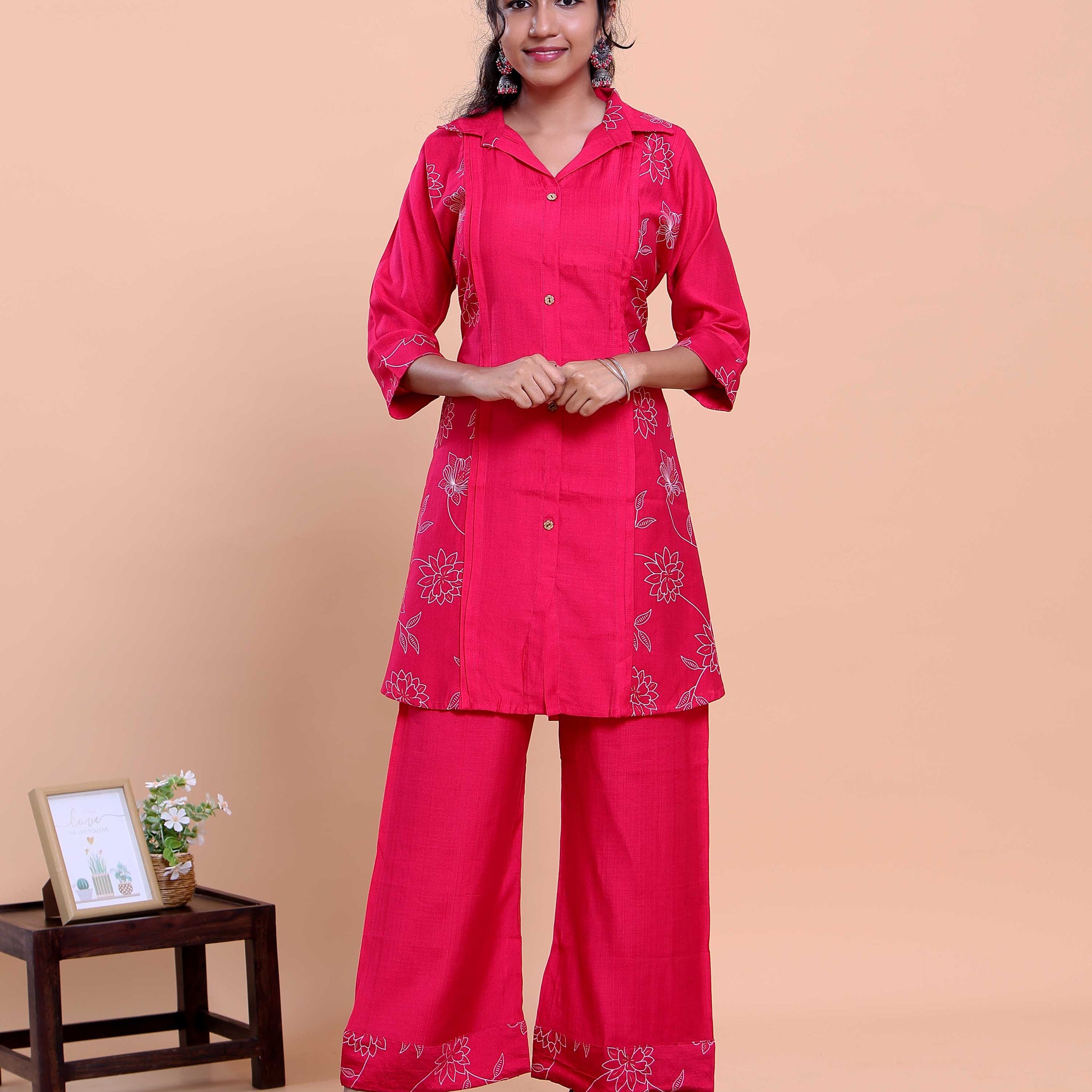 Women's Floral Embroidered Shirt-Collar Kurta with Wide-Leg Pants - Pink